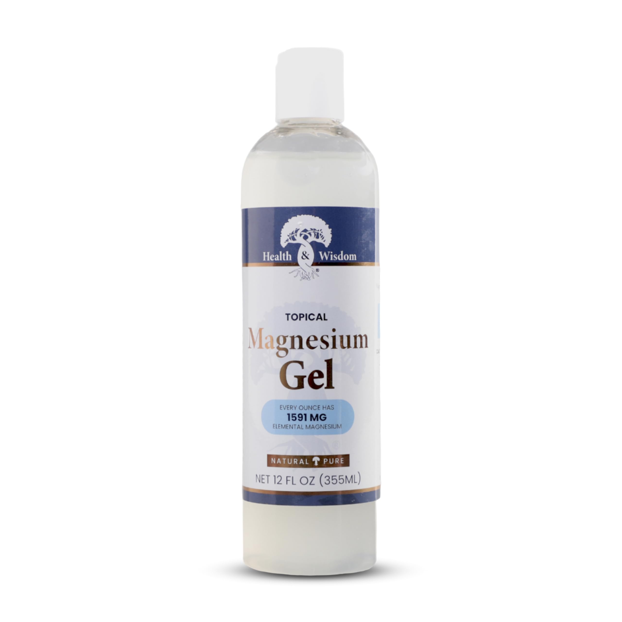 Health and Wisdom pure magnesium gel bottle closeup for targeted relief and skin hydration.
