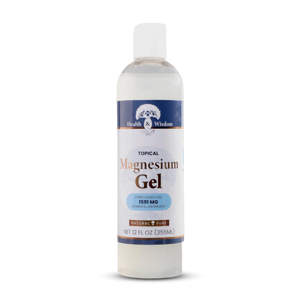 Health and Wisdom pure magnesium gel bottle closeup for targeted relief and skin hydration.