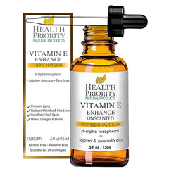 Health Priority Naturals Vitamin E oil bottle close-up for pure, unscented skincare and moisturized skin.
