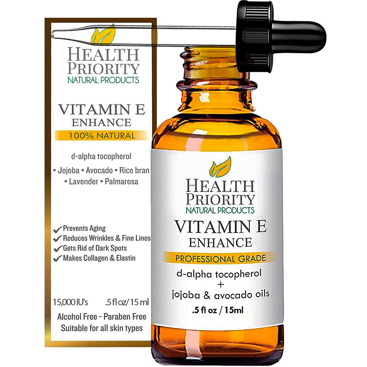 Health Priority Naturals Vitamin E Oil bottle closeup shows organic, nourishing care.