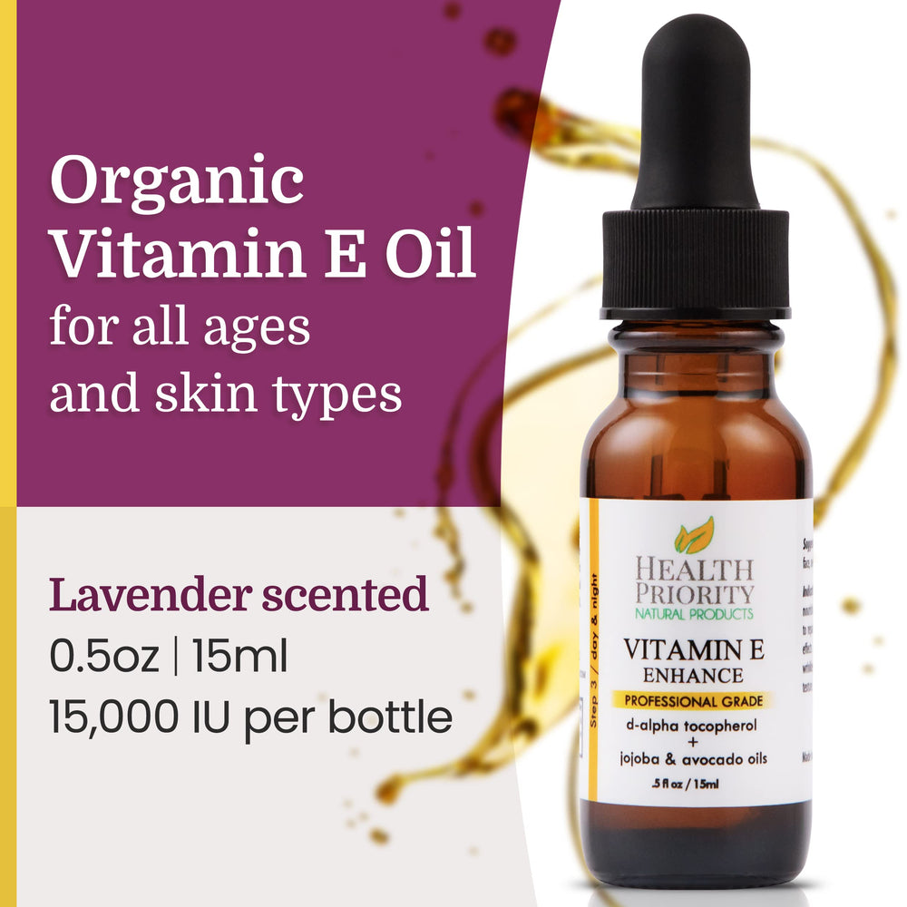 Health Priority Naturals Vitamin E Oil dropper application for facial hydration.