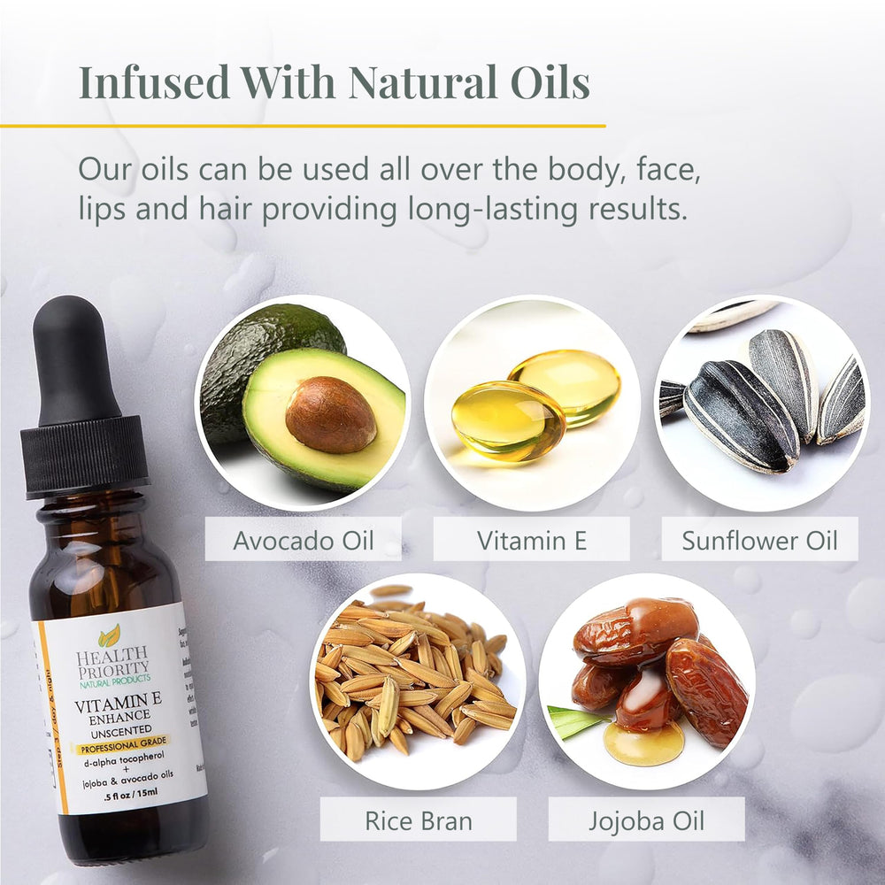 Health Priority Naturals Vitamin E oil supports nails, cuticles, and hair health.