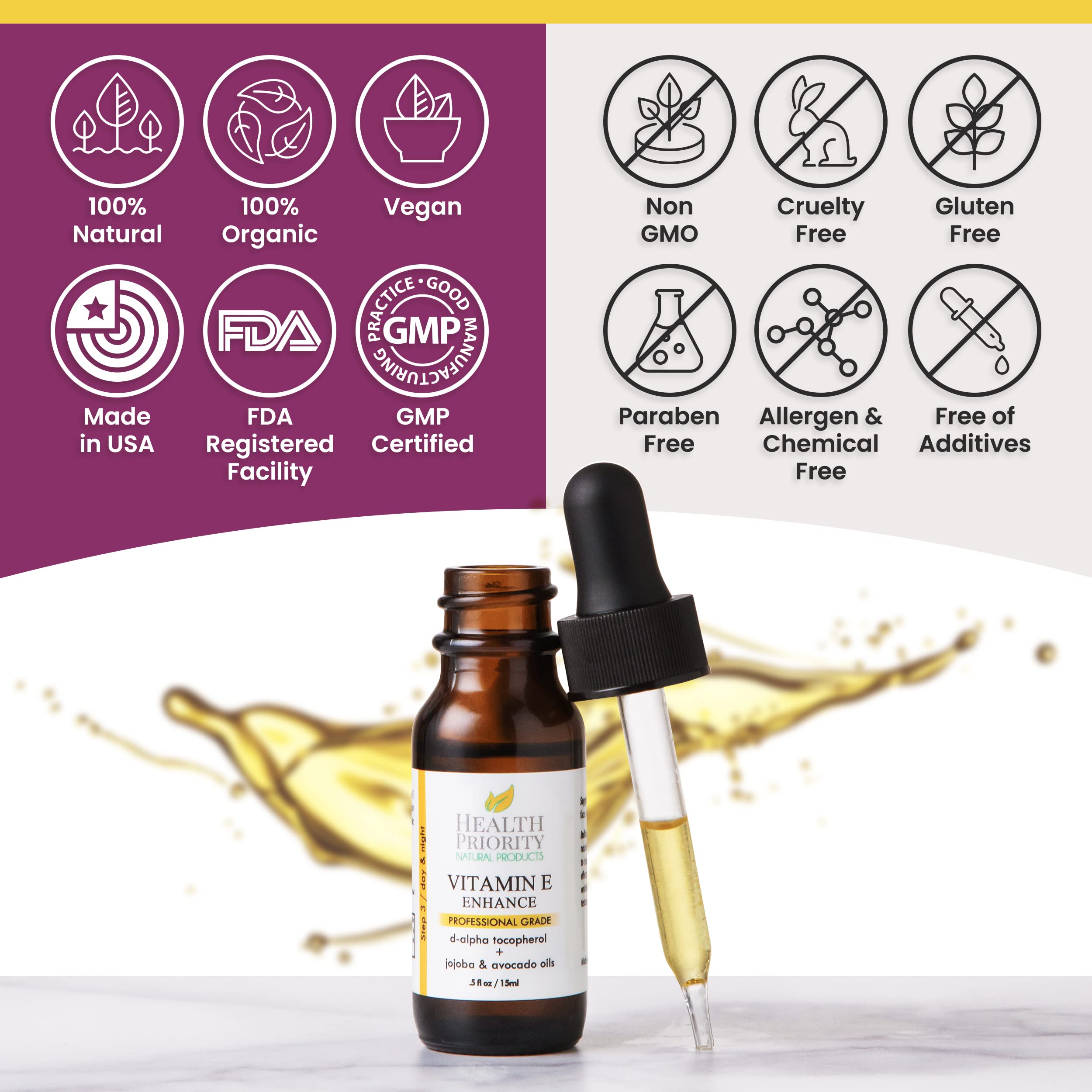 Health Priority Naturals Vitamin E Oil on hair ends provides conditioning shine.