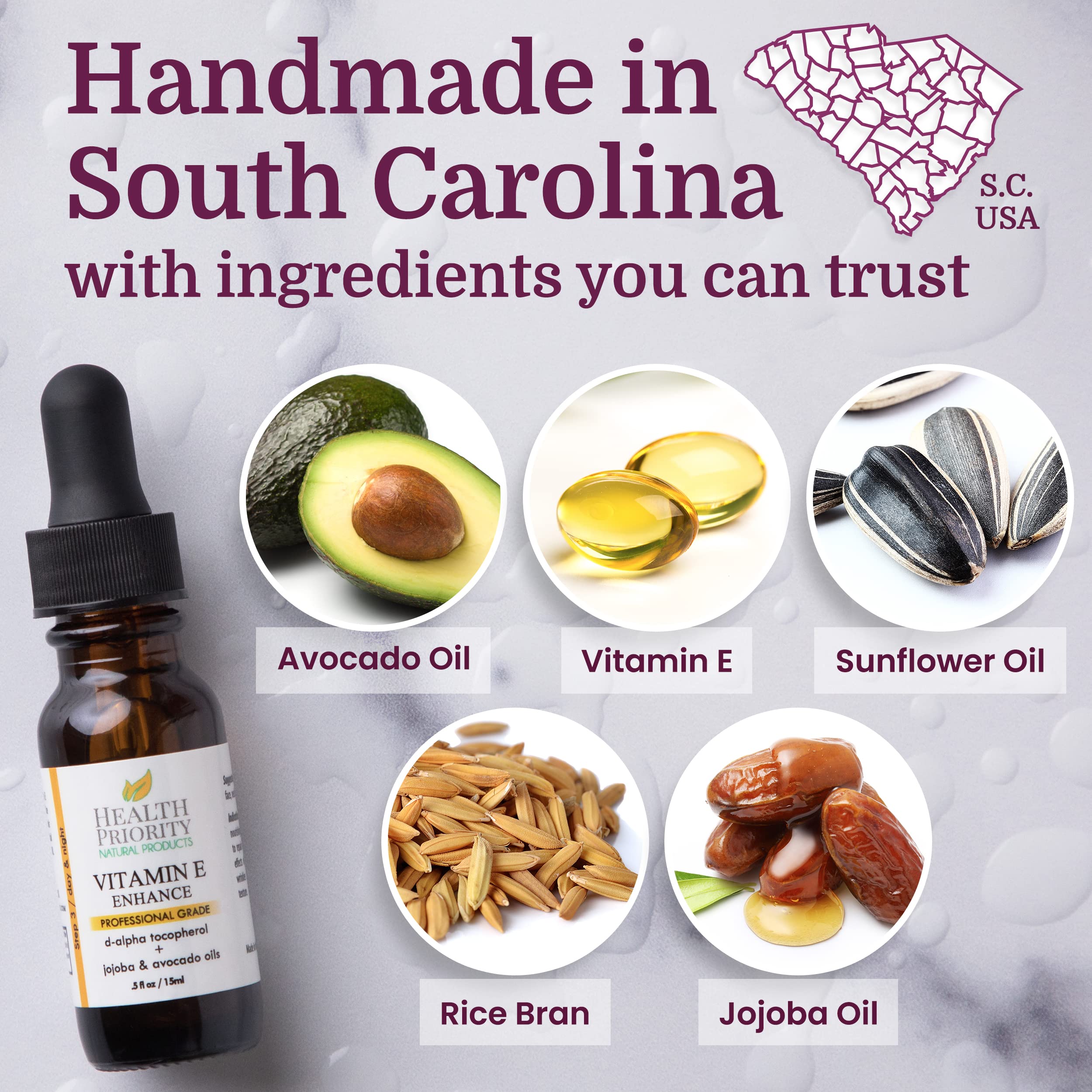 Health Priority Naturals Vitamin E Oil ingredients label emphasizes organic, non-GMO formula.