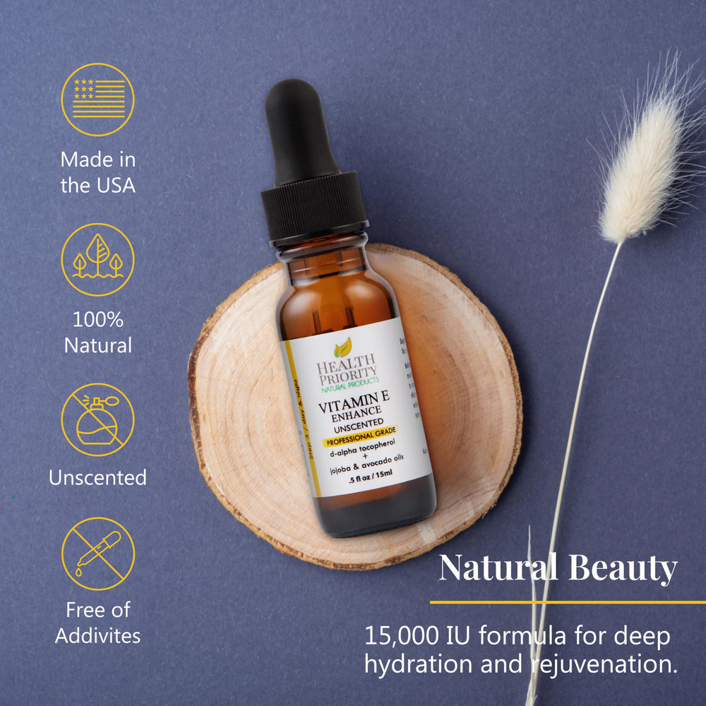 Health Priority Naturals Vitamin E oil in skincare routine for radiant, refreshed skin.