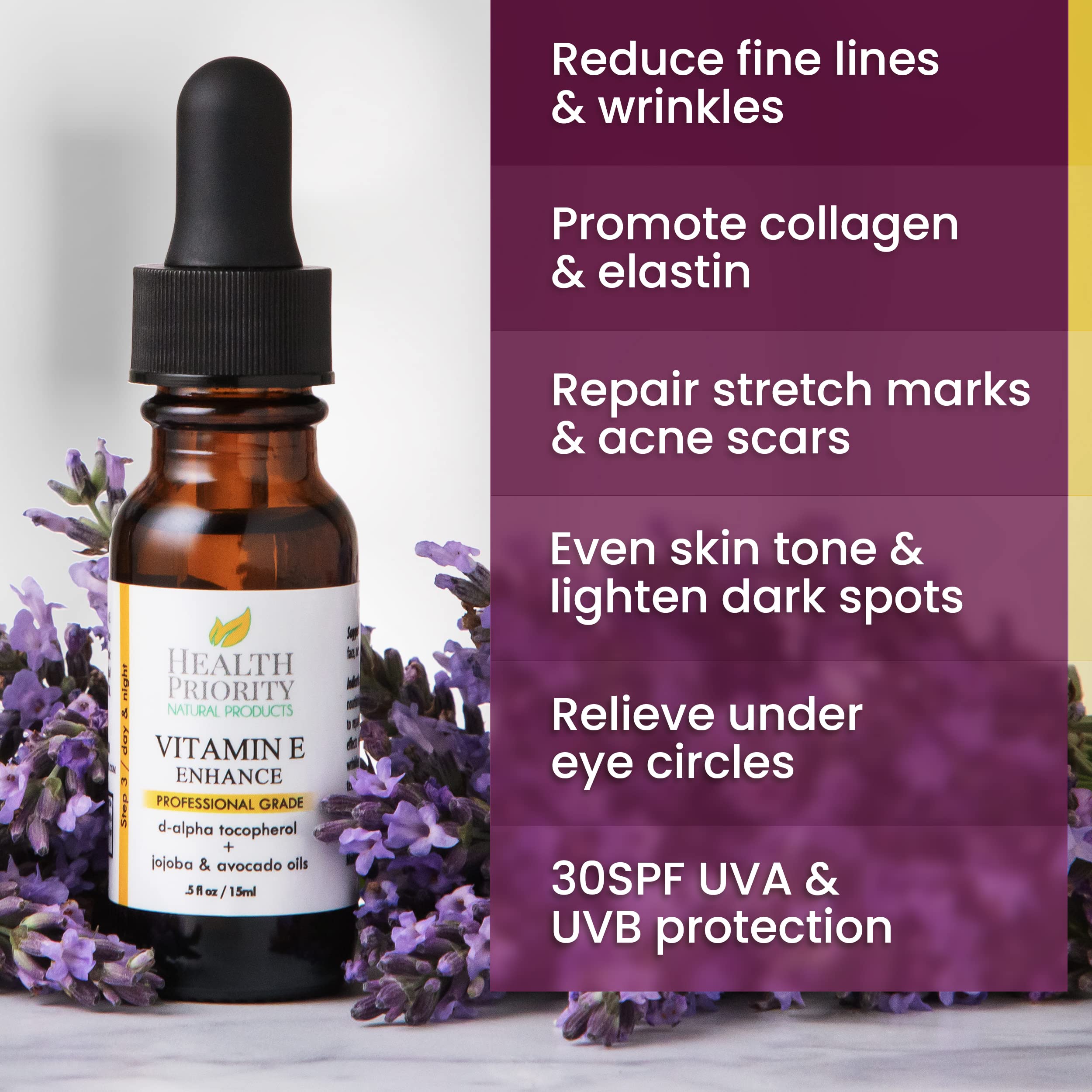 Health Priority Naturals Vitamin E Oil texture closeup highlights rich moisture.