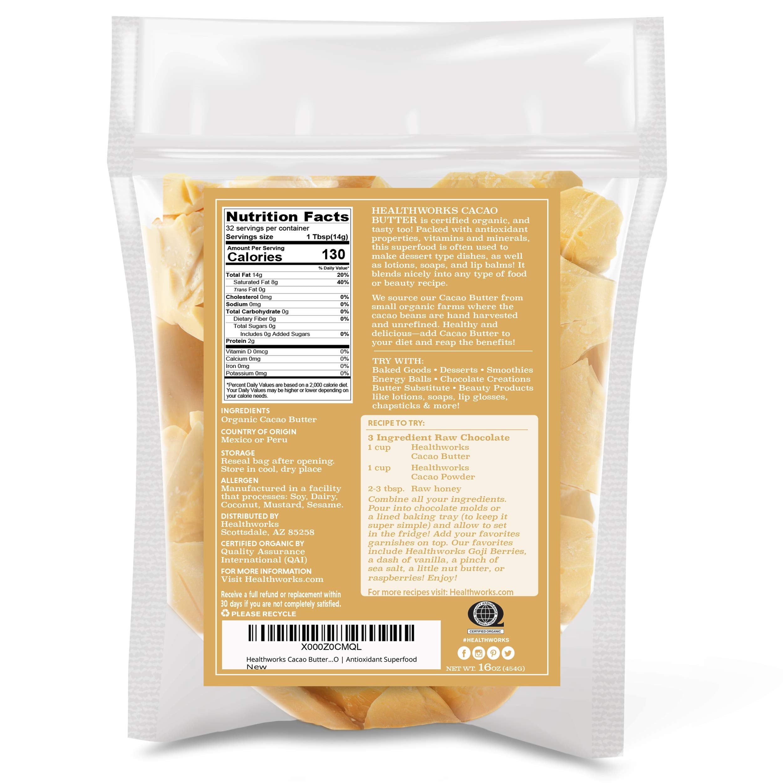 Healthworks cacao butter kibbled form, easy scoop for desserts and smoothies.