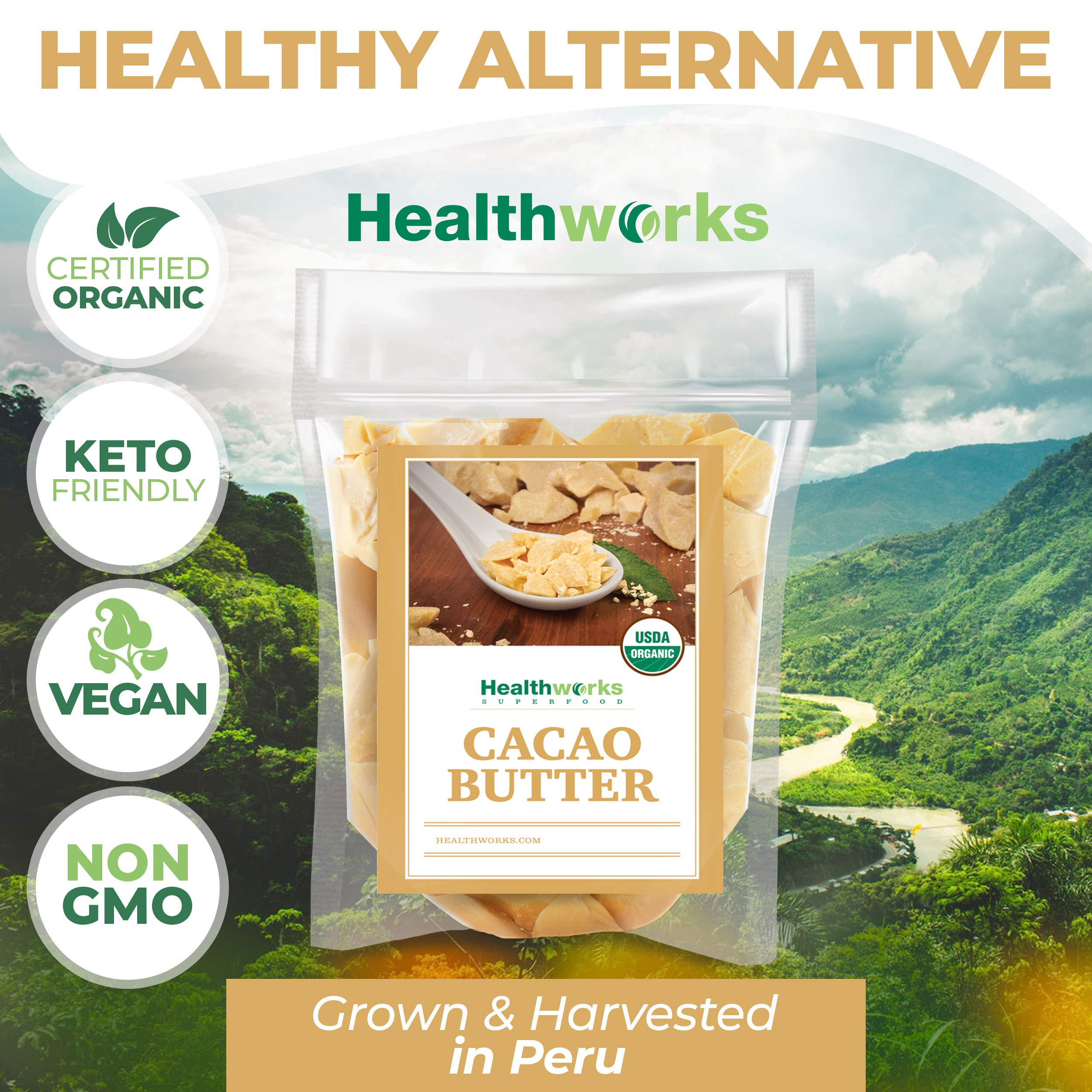 Healthworks cacao butter nutrition label highlights antioxidants and healthy fats.