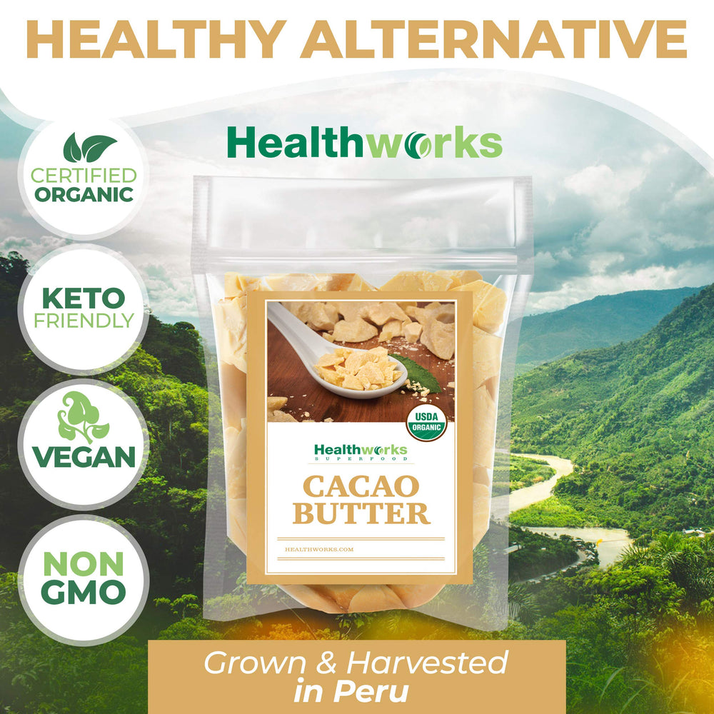 Healthworks cacao butter nutrition label highlights antioxidants and healthy fats.