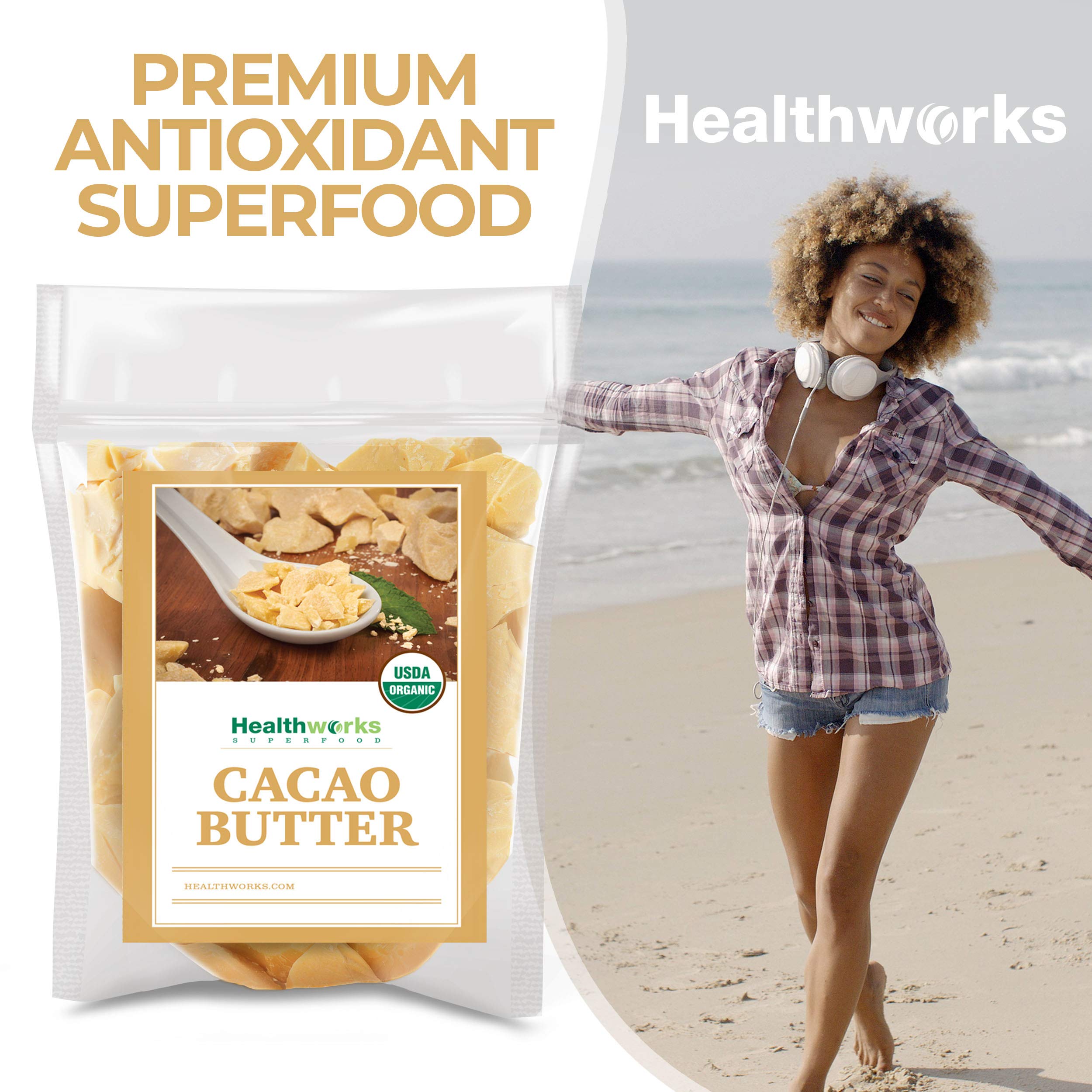 Healthworks cacao butter Peru origin label, USDA Organic certified product.