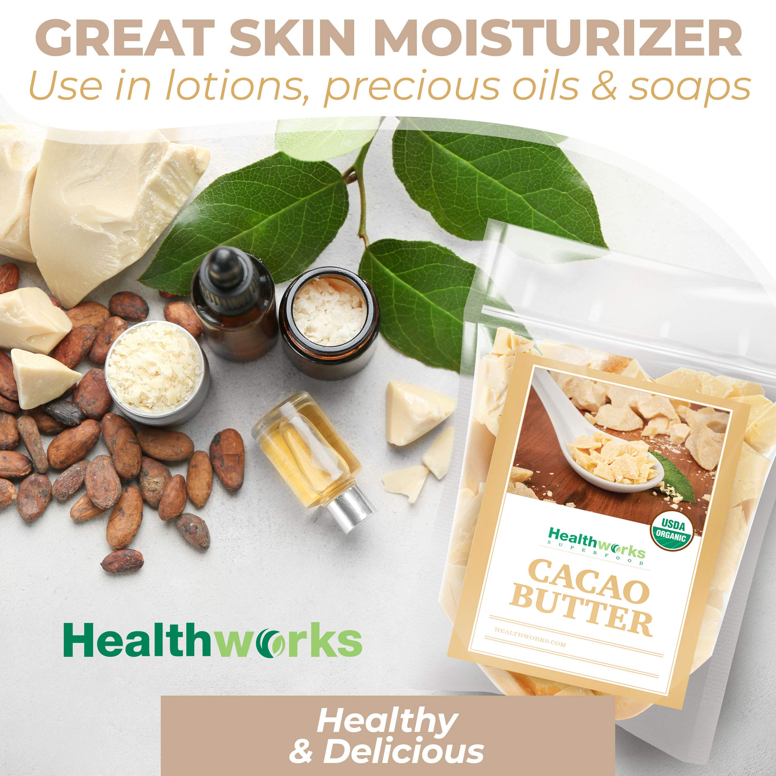 Healthworks cacao butter skincare application showing natural moisturizer use.