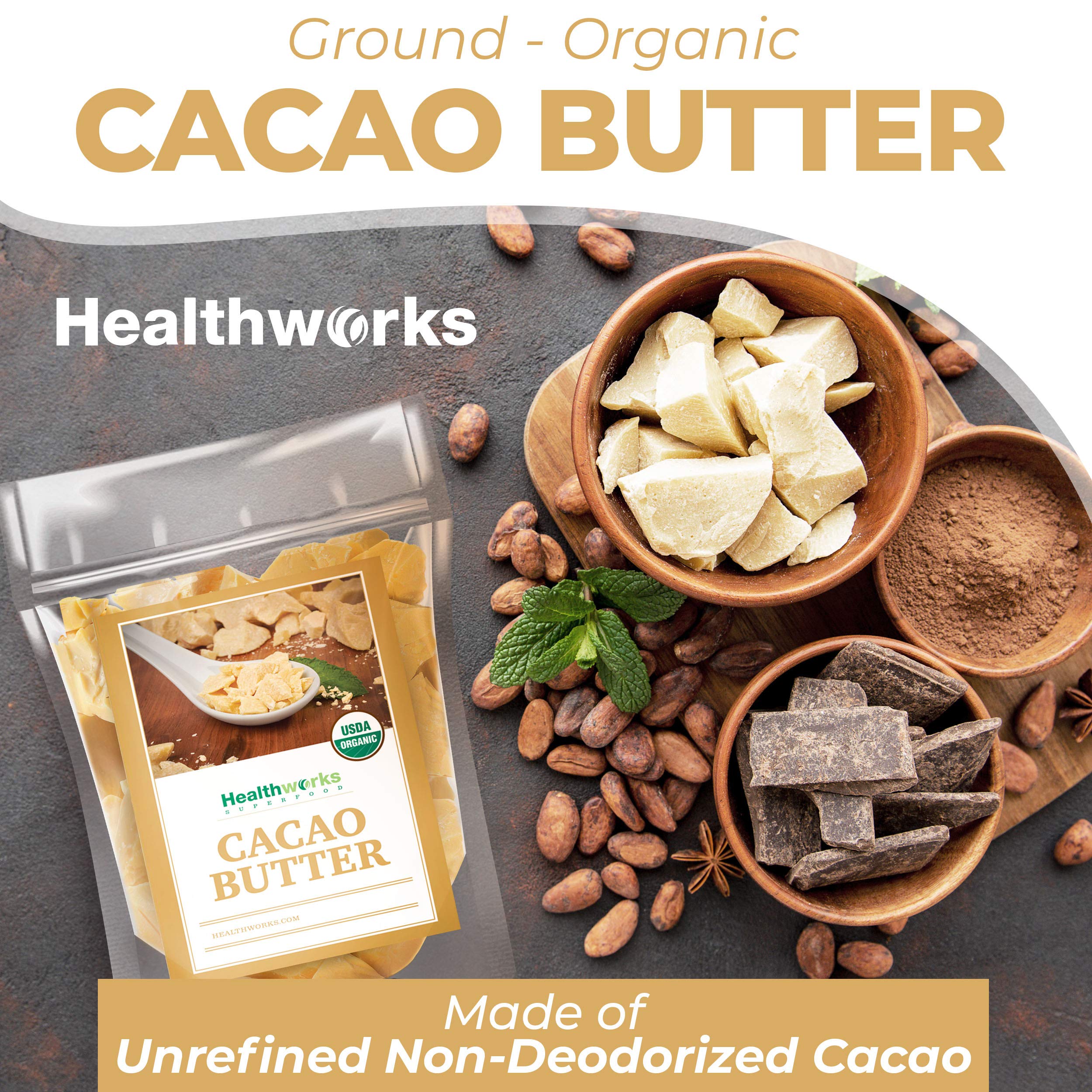 Healthworks cacao butter wafer form, convenient for quick chocolate and skincare blends.