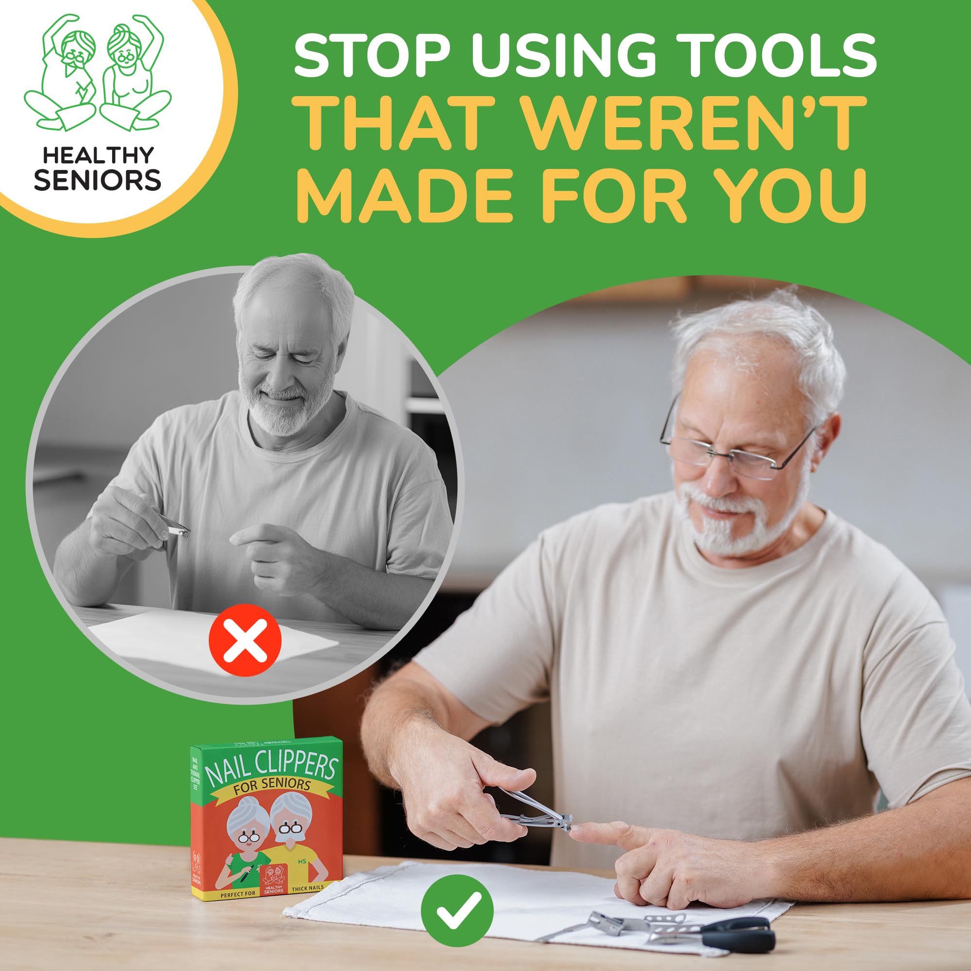 Healthy Seniors rotating-head clipper demonstrates flexible angle for precise toe-nail cuts