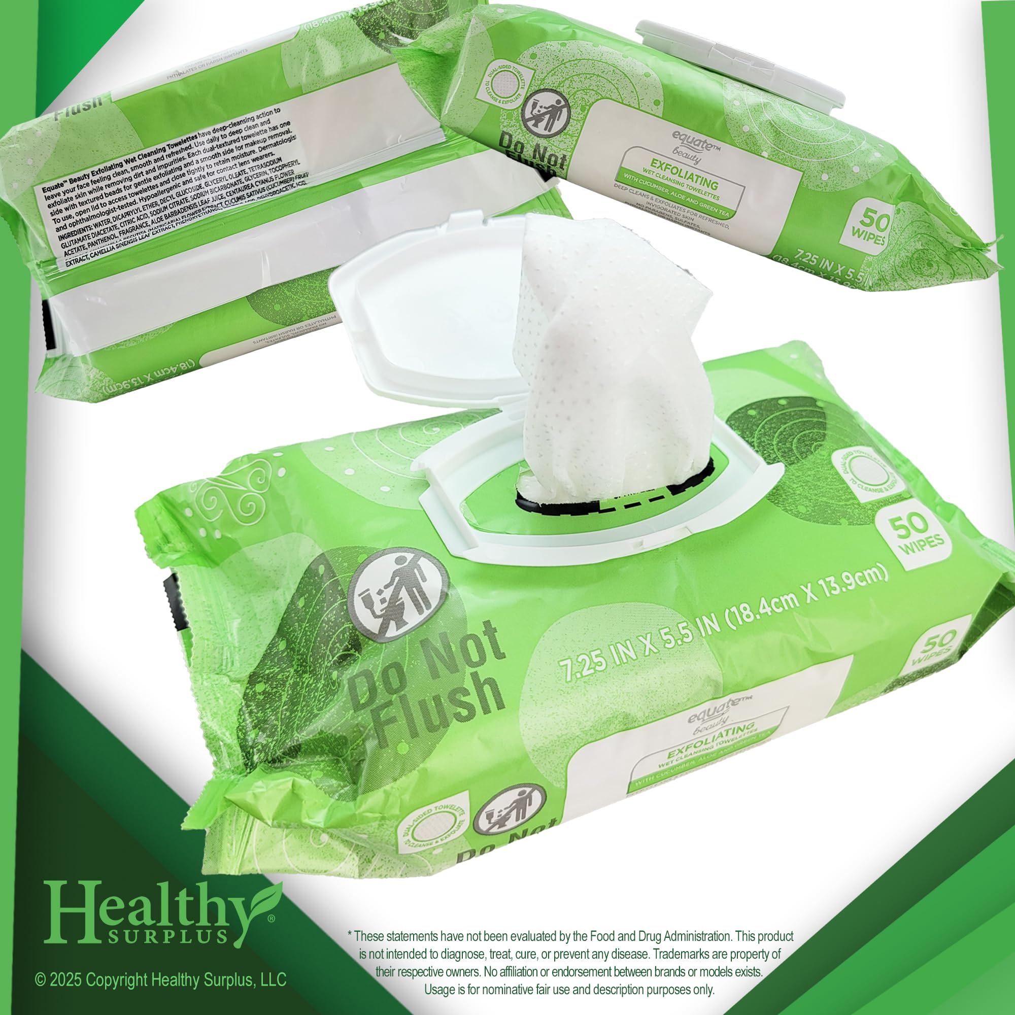 Healthy Surplus Equate towelettes cucumber and aloe infusion close-up for cooling, refreshing skin