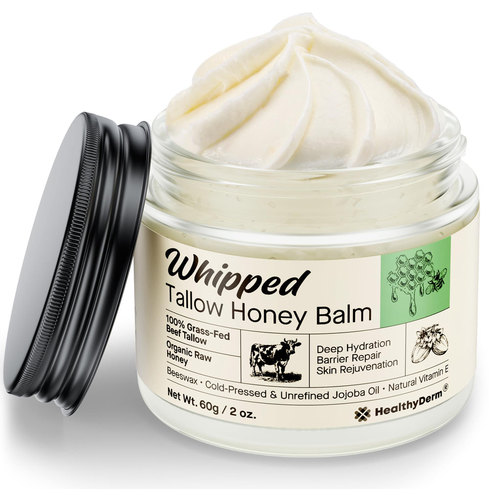 HealthyDerm Beef Tallow Honey Balm 2oz packaging for convenient use