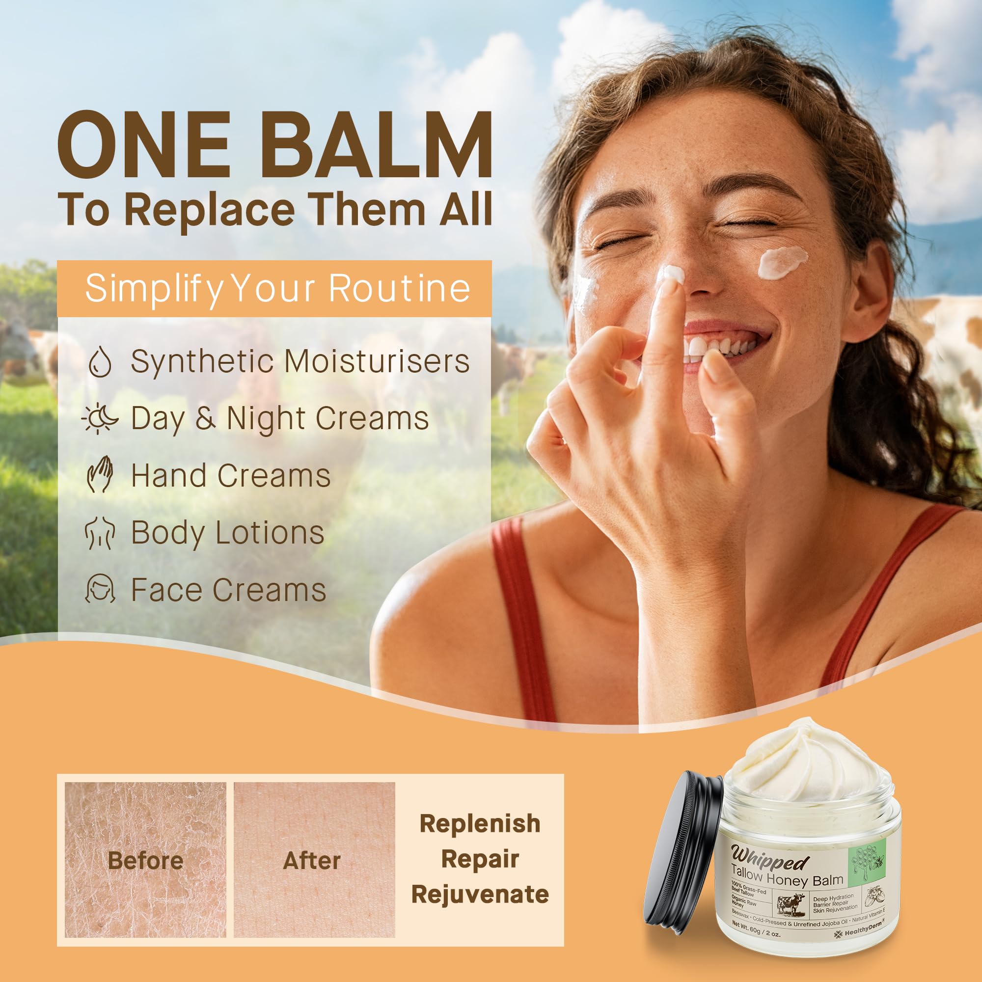 HealthyDerm Beef Tallow Honey Balm ingredients list shows clean formula