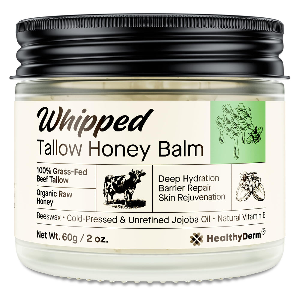 HealthyDerm Beef Tallow Honey Balm jar showing whipped texture for daily hydration