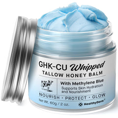 HealthyDerm copper peptides blue balm jar close-up showing rich hydration for dry, mature skin.