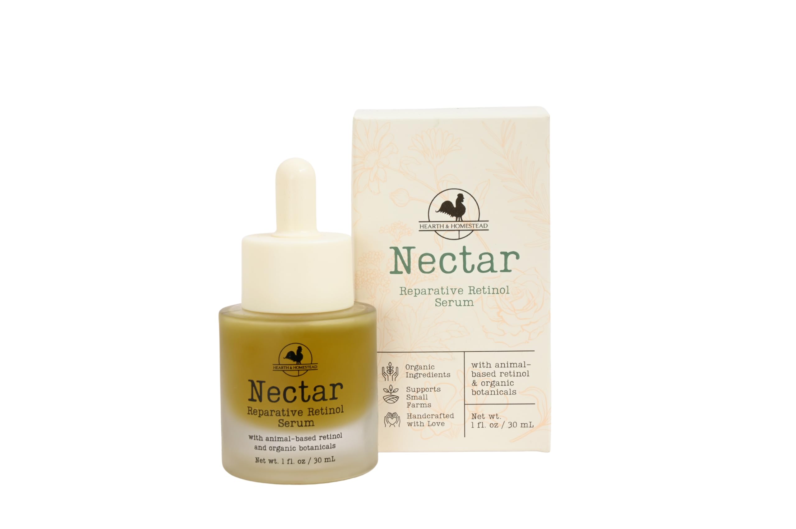 Hearth and Homestead Nectar Serum bottle shows premium, nutrient-rich facial oil for smooth skin.