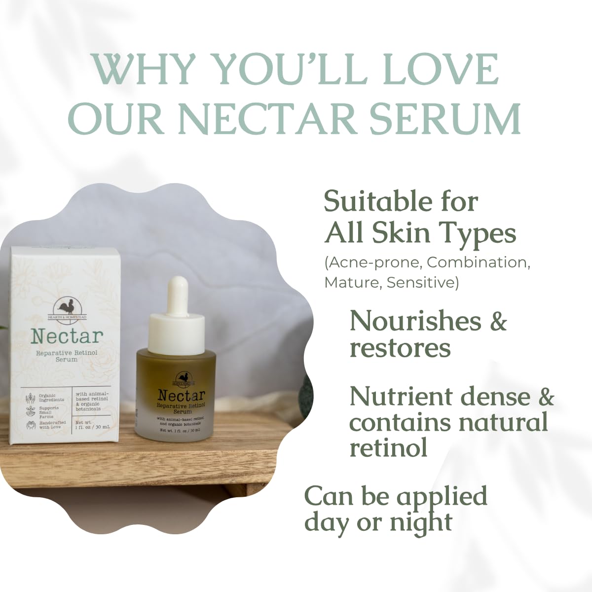 Hearth and Homestead Nectar Serum ingredients-label highlights cod liver oil and emu oil nutrients.