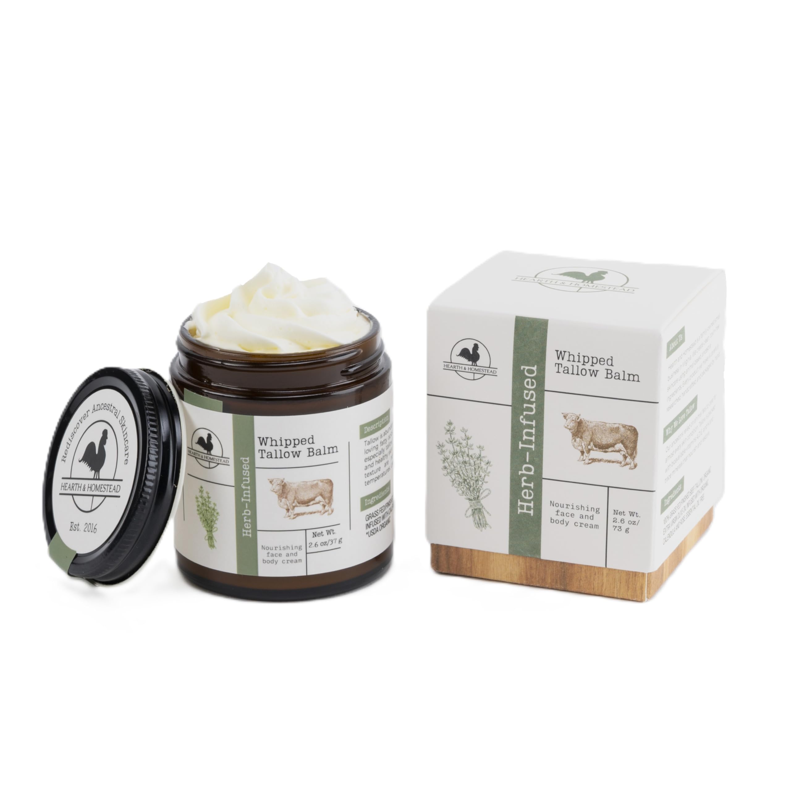 Hearth and Homestead 2.6 oz balm packaging suggests portable skincare.