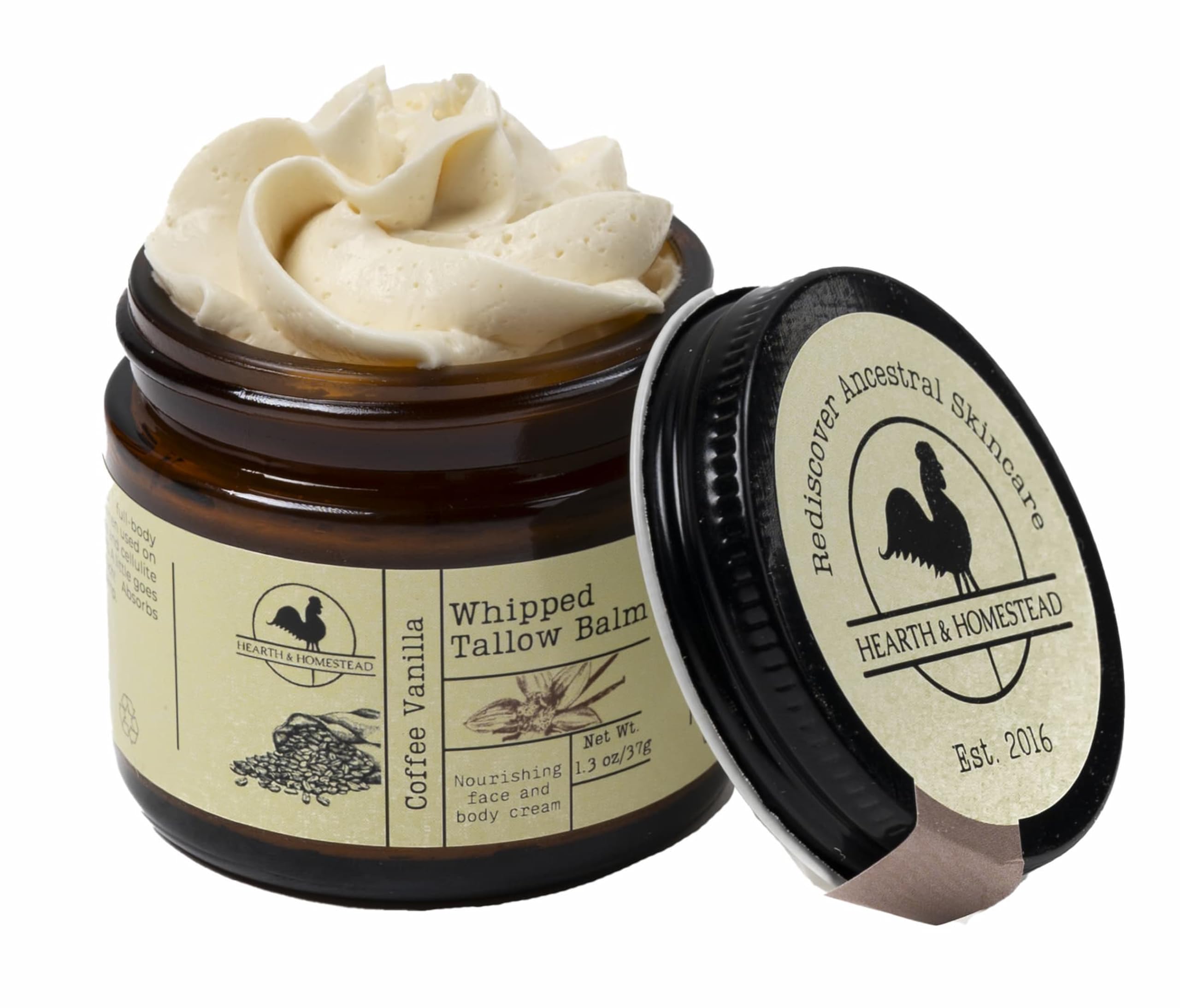 Hearth and Homestead whipped tallow balm coffee vanilla jar shows rich moisture and cozy scent