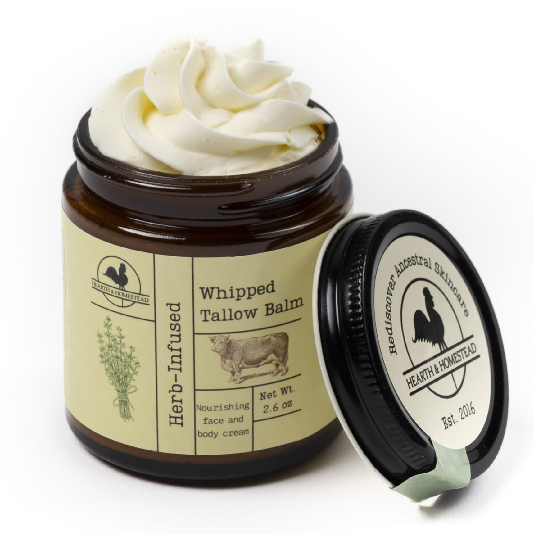 Hearth and Homestead whipped tallow balm jar shows rich texture for hydration.