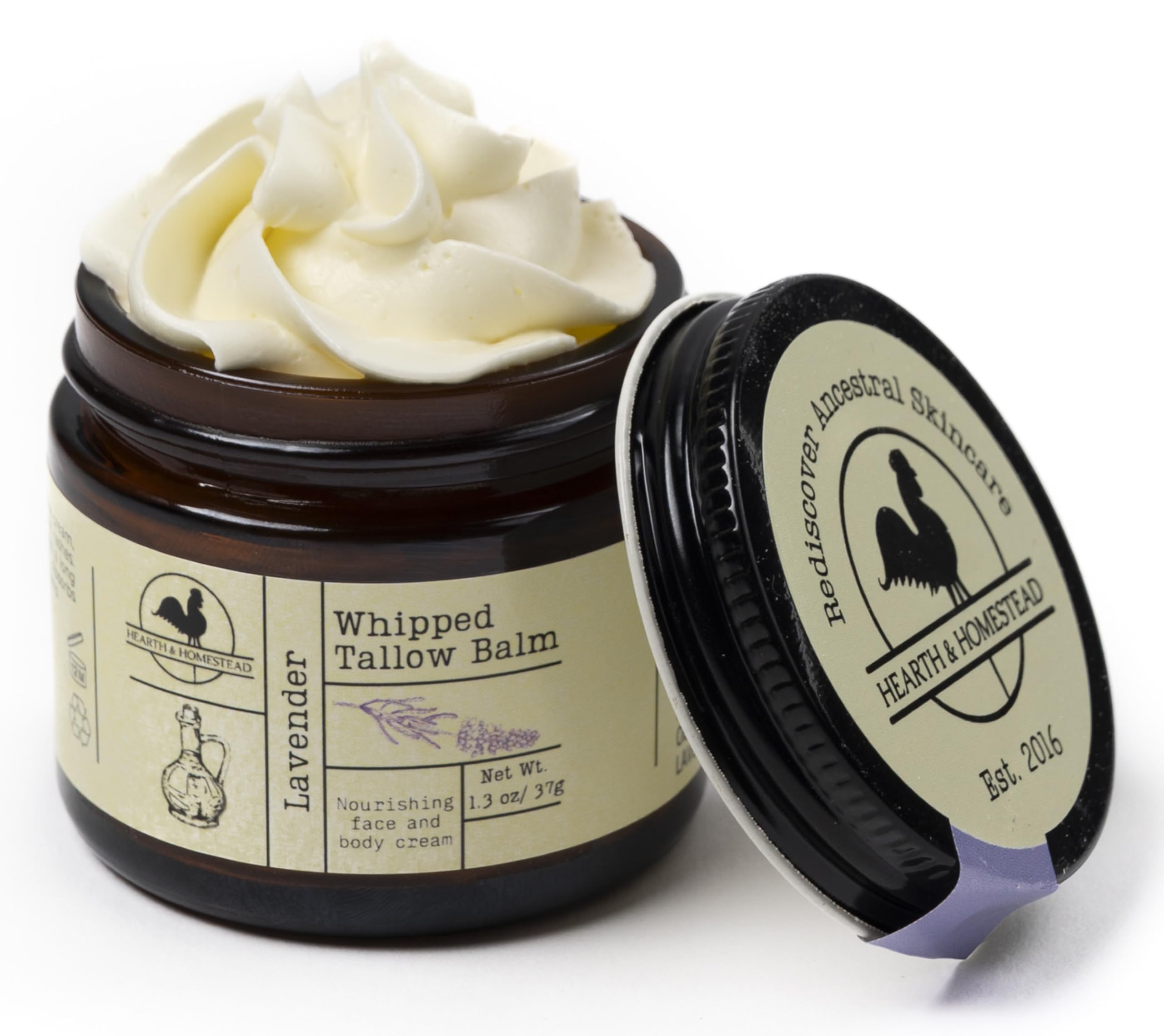 Hearth and Homestead whipped tallow balm lavender jar, ideal for dry skin.