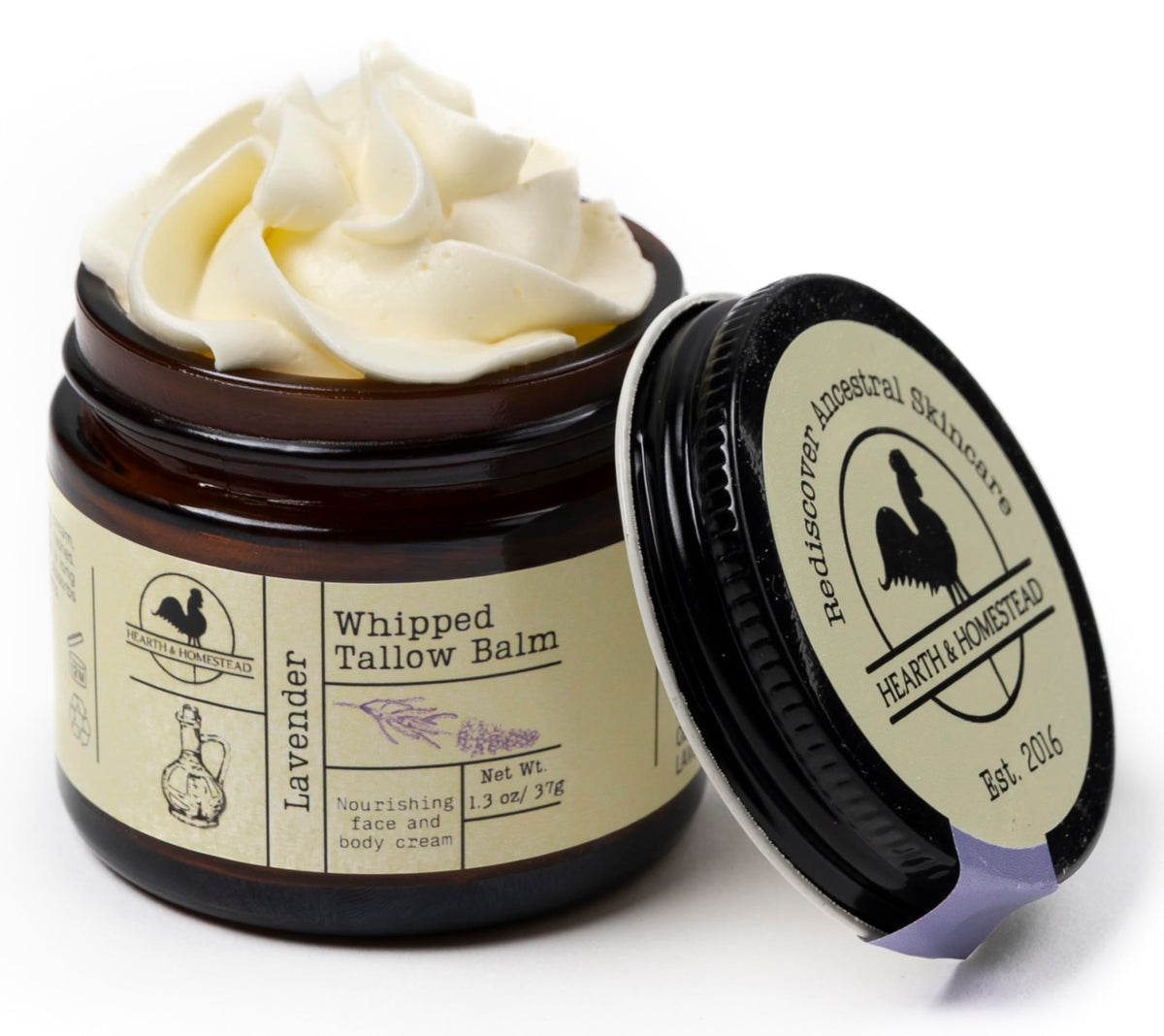 Hearth and Homestead whipped tallow balm lavender jar, ideal for dry skin.