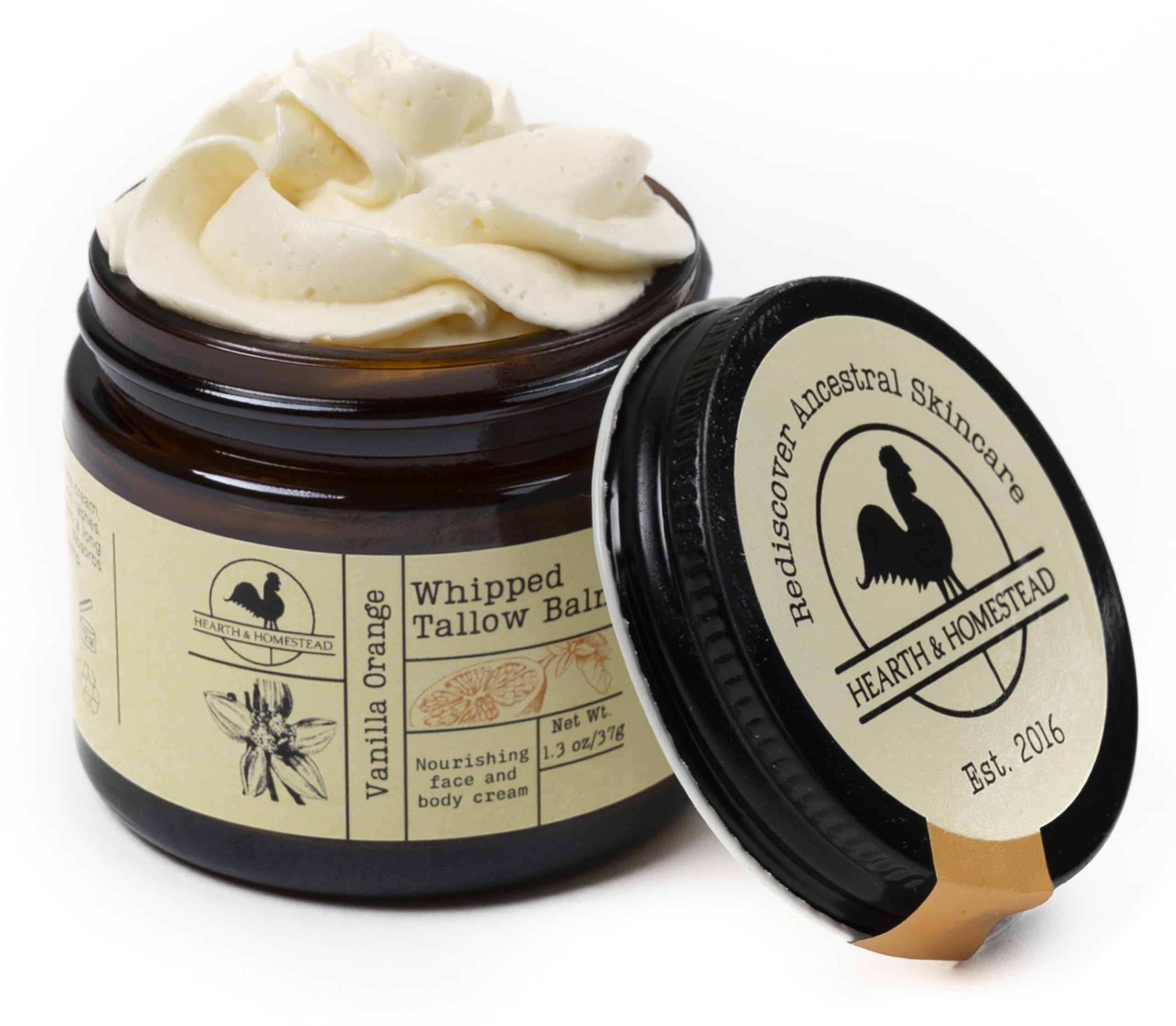 Hearth and Homestead whipped tallow balm Vanilla Orange jar provides daily moisturization for dry skin.