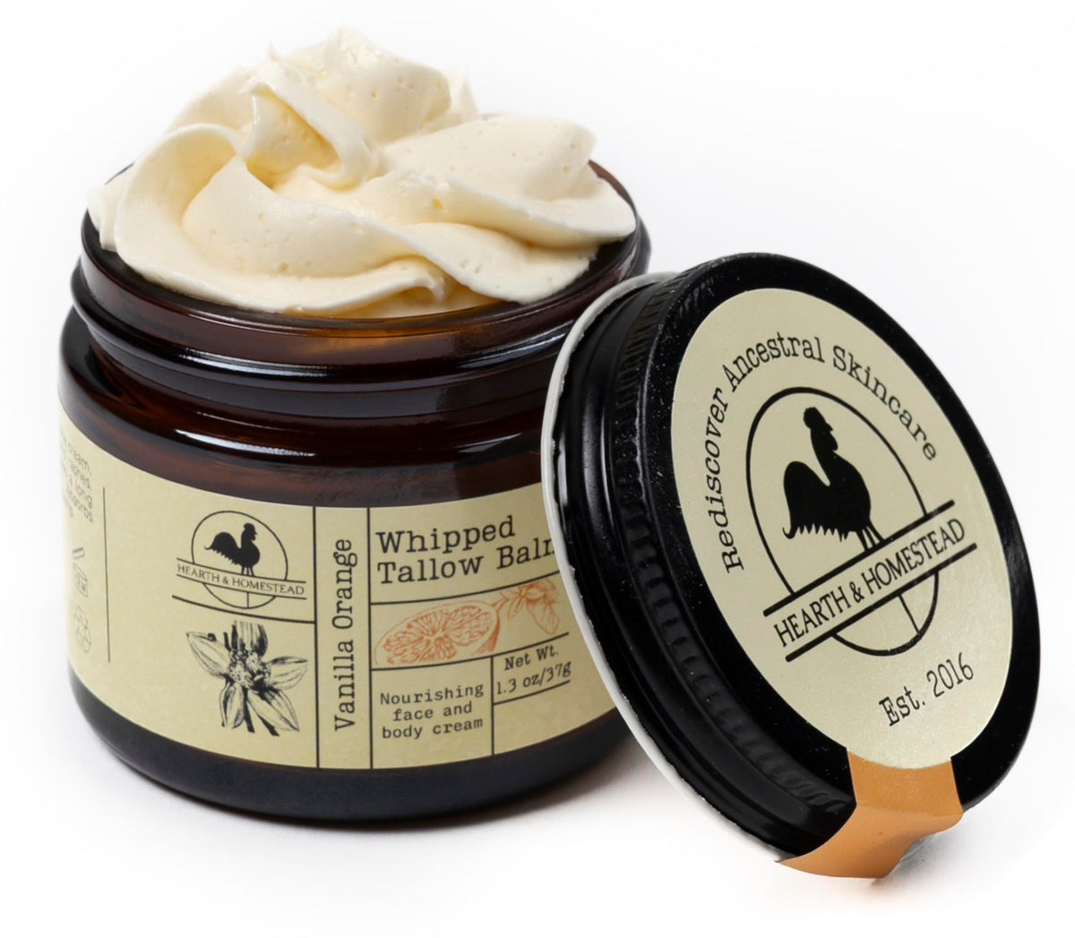 Hearth and Homestead whipped tallow balm Vanilla Orange jar provides daily moisturization for dry skin.