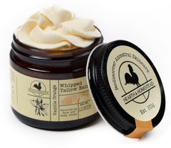 Hearth and Homestead whipped tallow balm Vanilla Orange jar provides daily moisturization for dry skin.