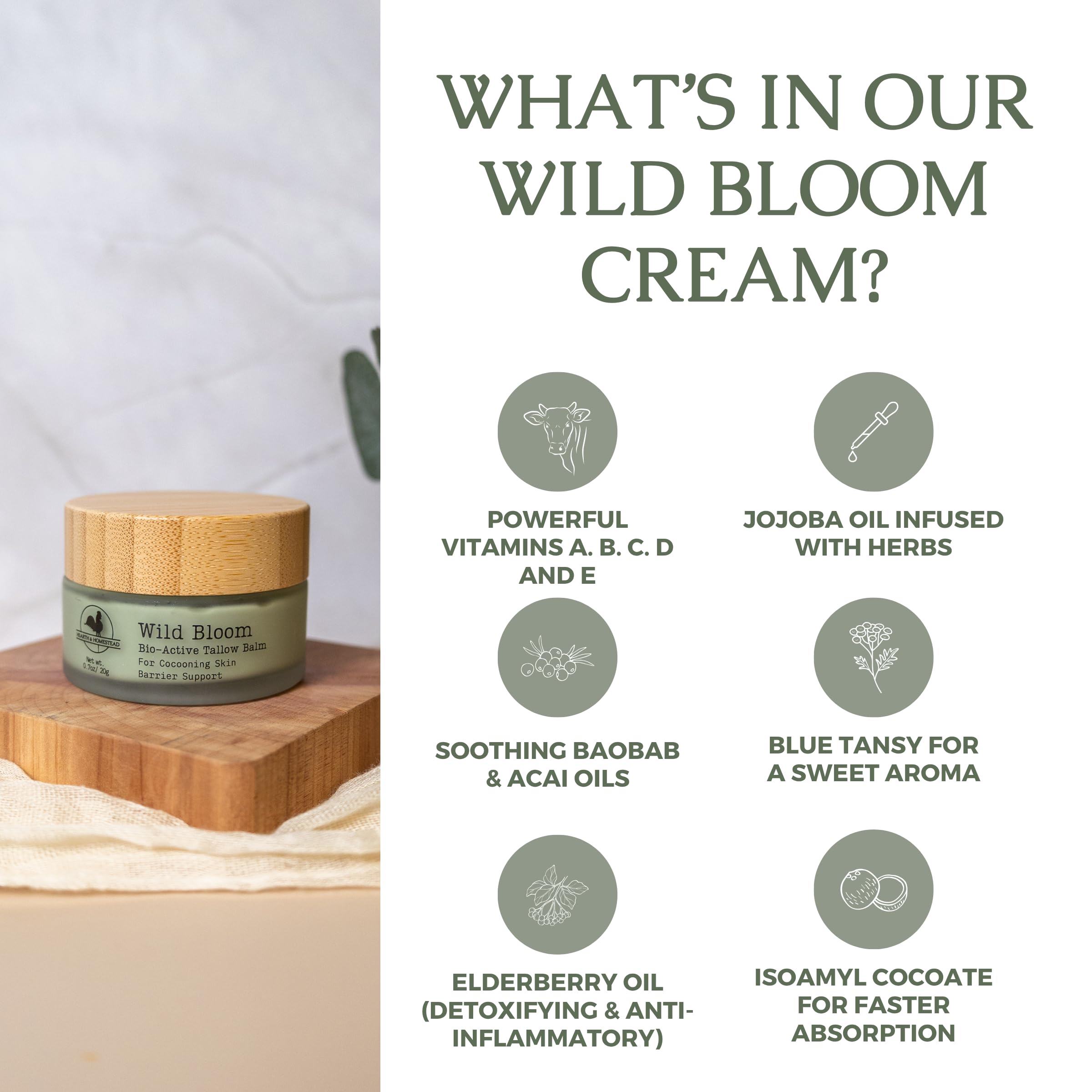 Hearth and Homestead Wild Bloom balm tin packaging highlights clean, natural ingredients for nourished skin