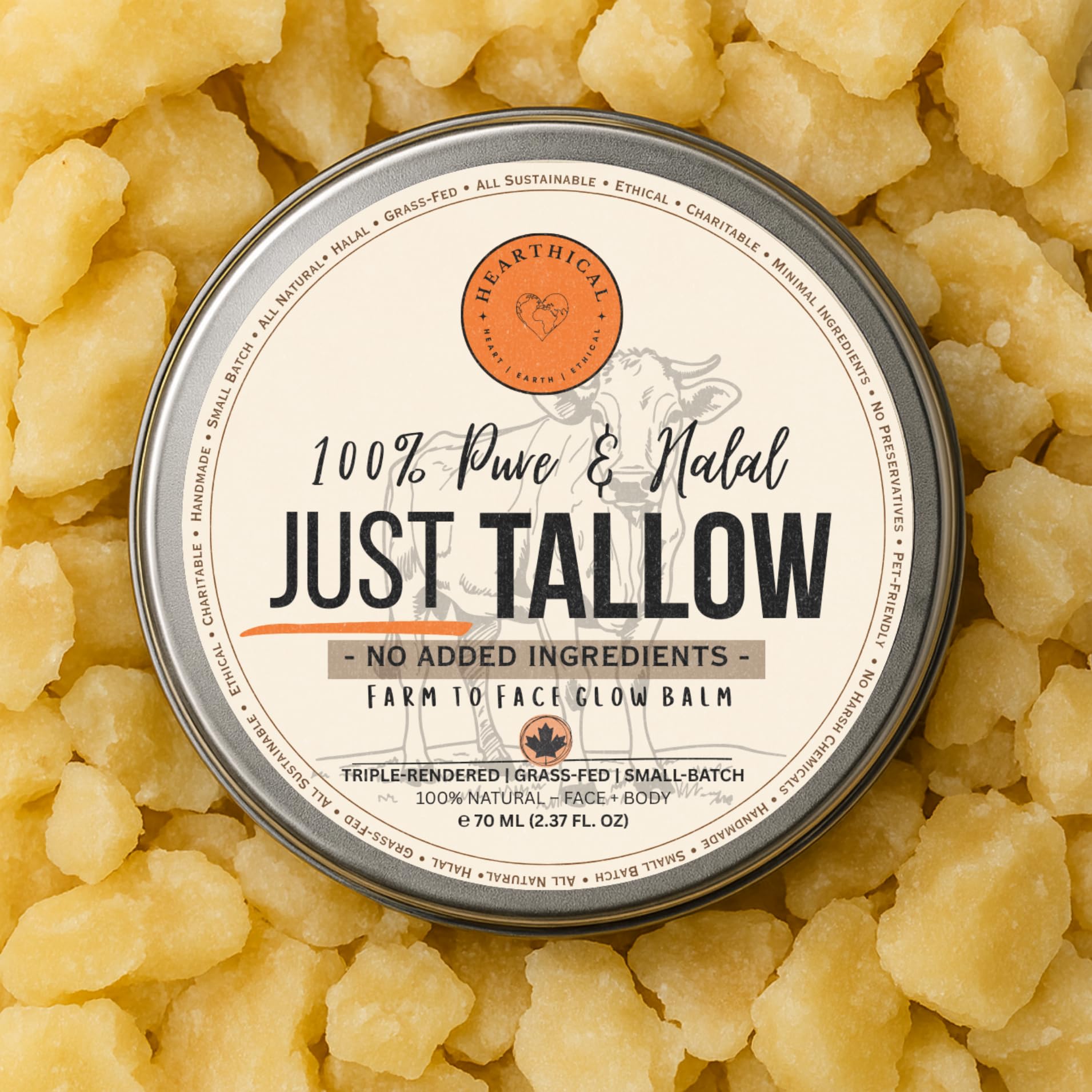 Hearthical Just Tallow ingredients closeup highlights vitamins A, D, E, K