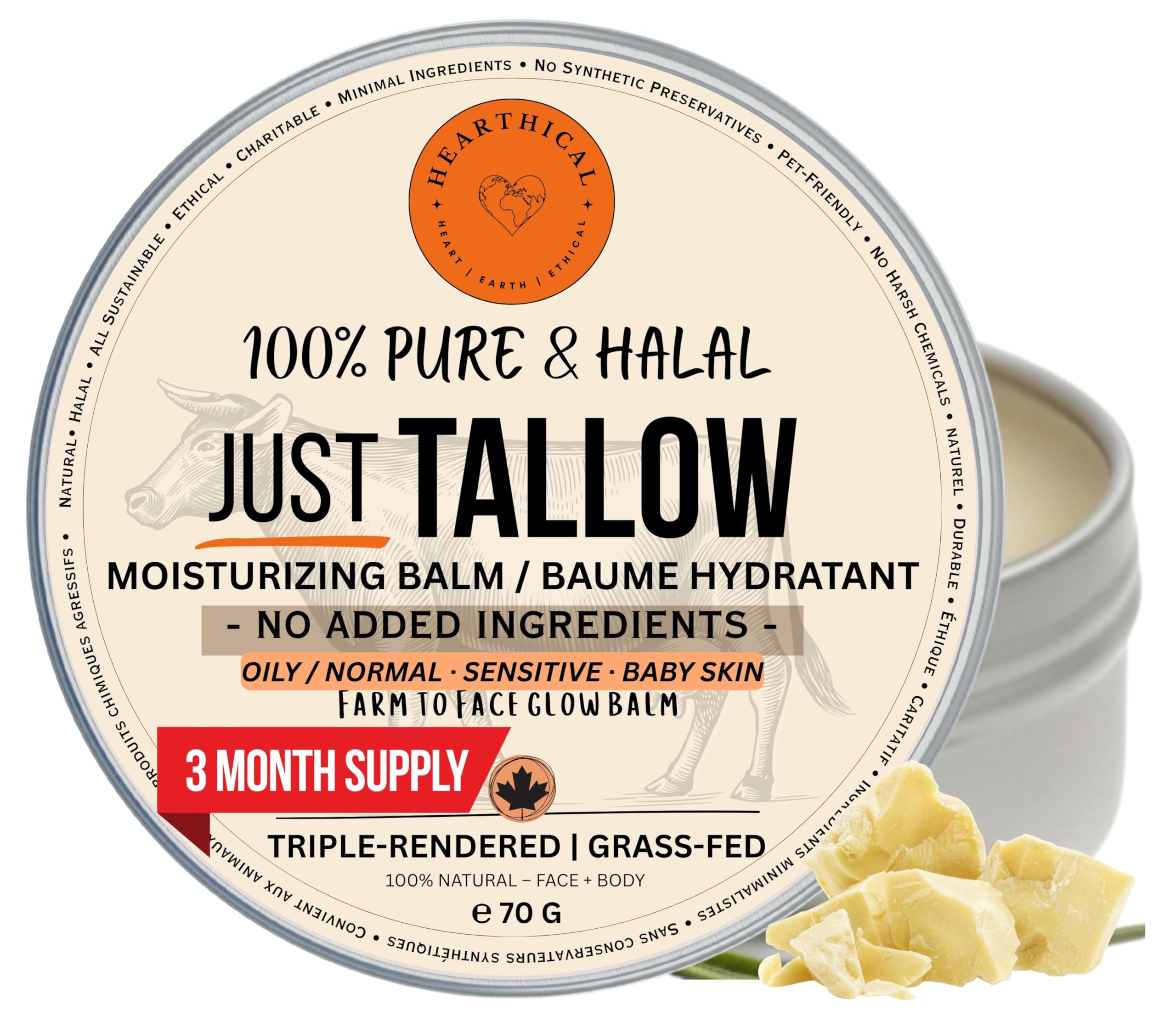 Hearthical Just Tallow jar closeup highlighting pure unscented balm for deep hydration