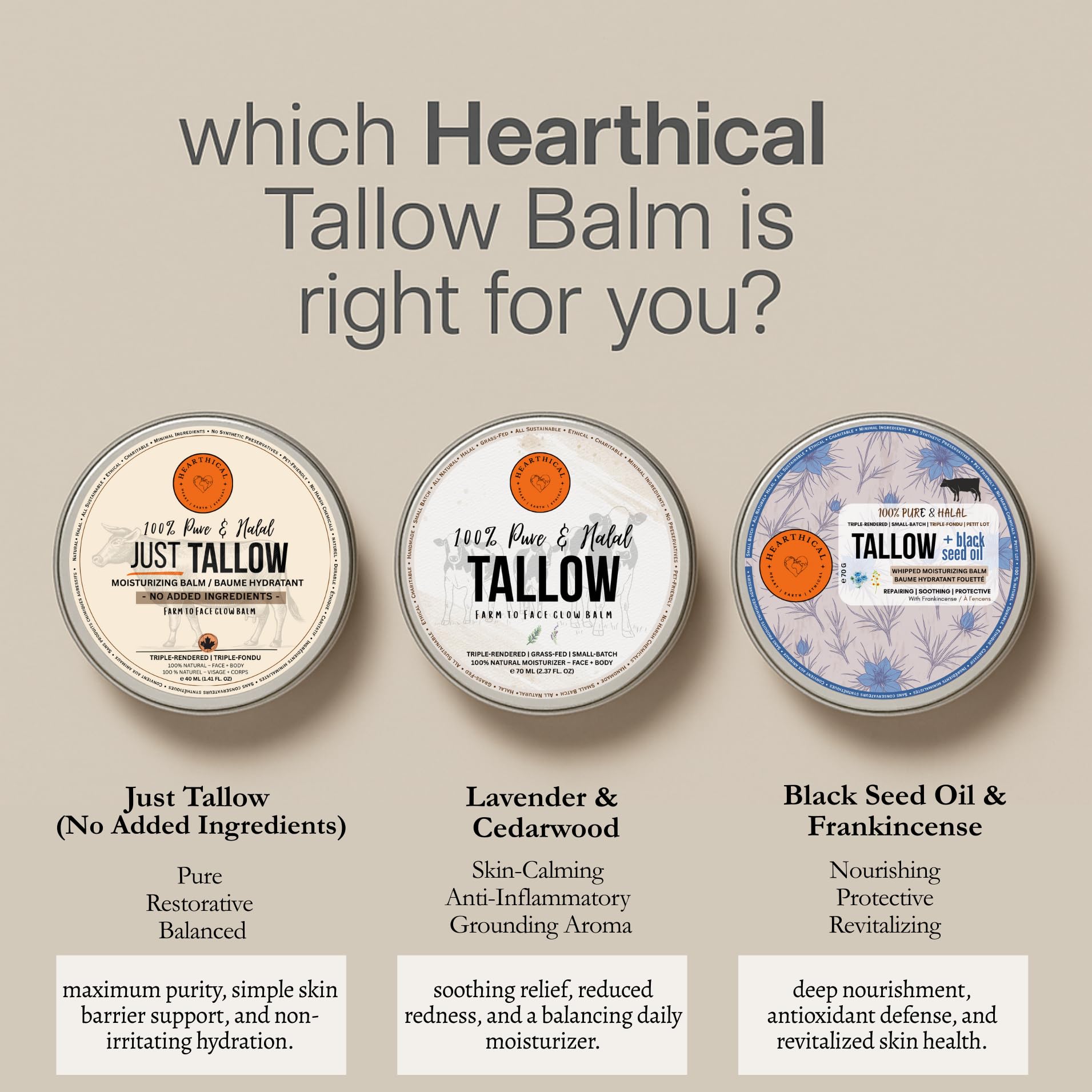 Hearthical Just Tallow unscented formula backdrop emphasizes purity and hydration
