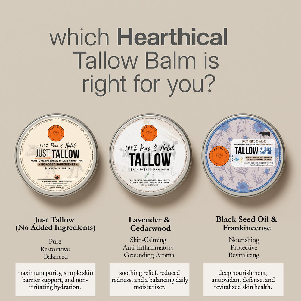 Hearthical Just Tallow unscented formula backdrop emphasizes purity and hydration
