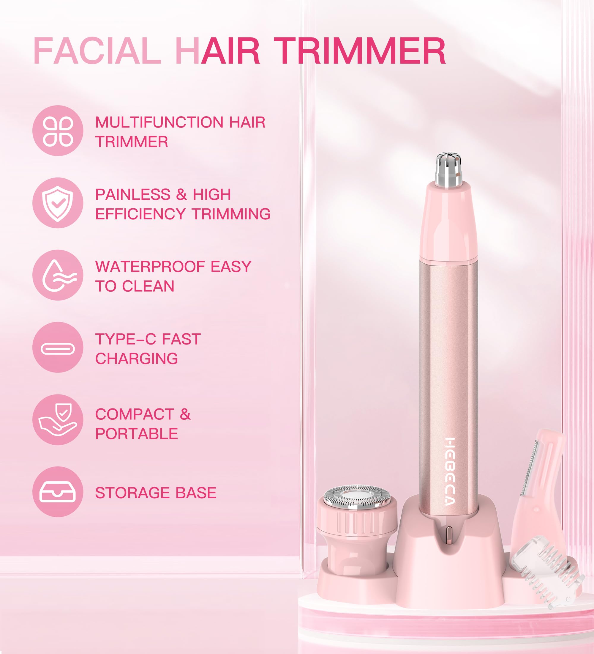 HEBECA rose pink 360° rotary blades enable smooth, precise trimming around nostrils