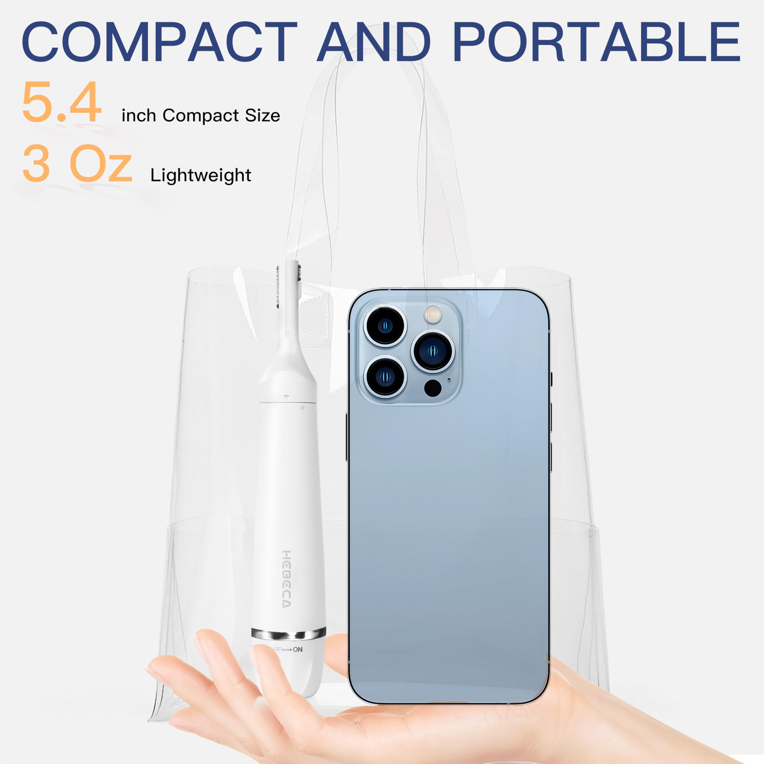 HEBECA pearl white packaging lifestyle image suggesting everyday grooming convenience.