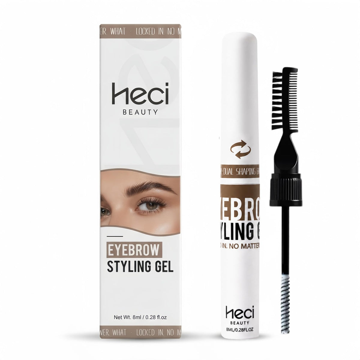 HECI BEAUTY front packaging showing tube and branding for neat brows