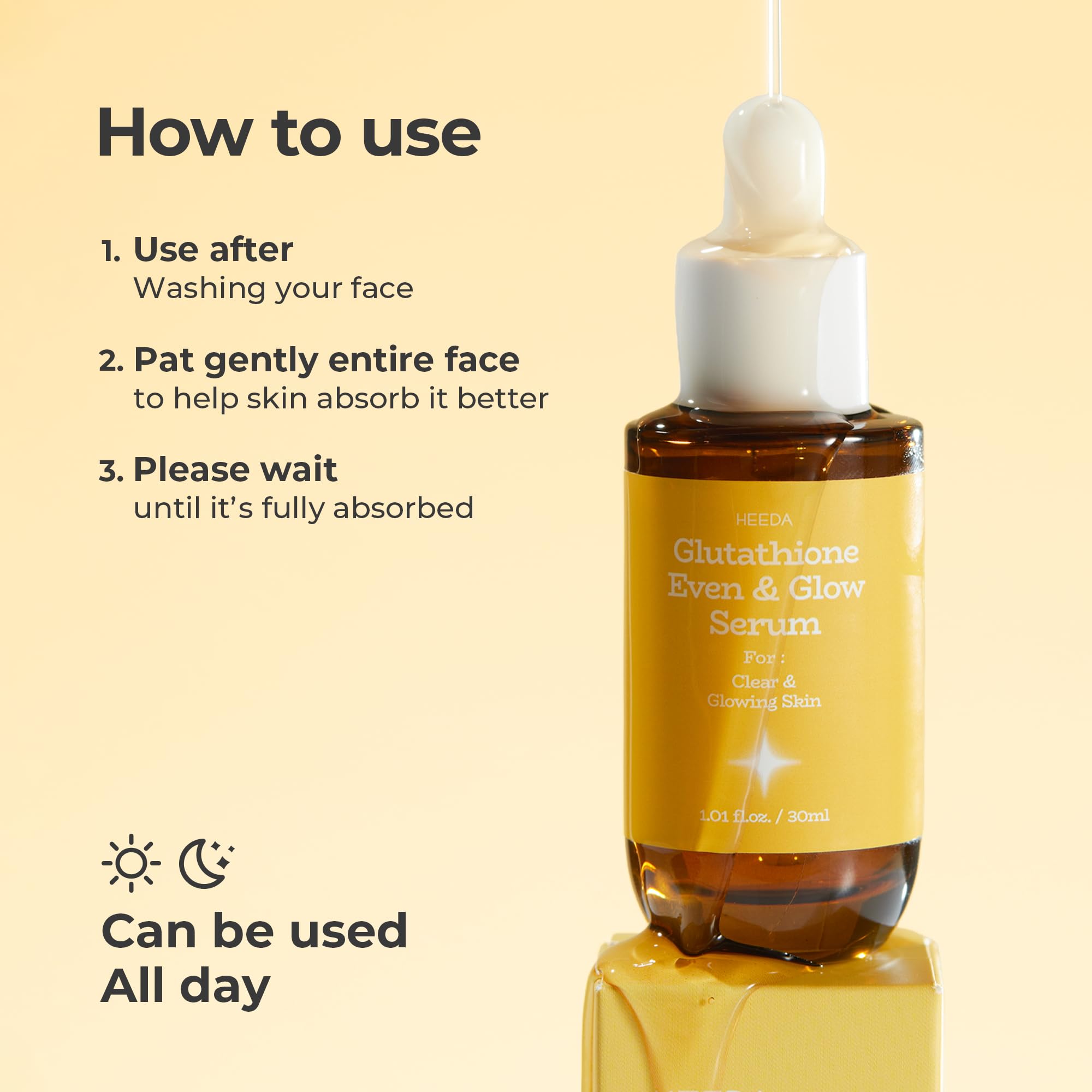 HEEDA dark spots imperfections demo hints at visible brightening and clarity.