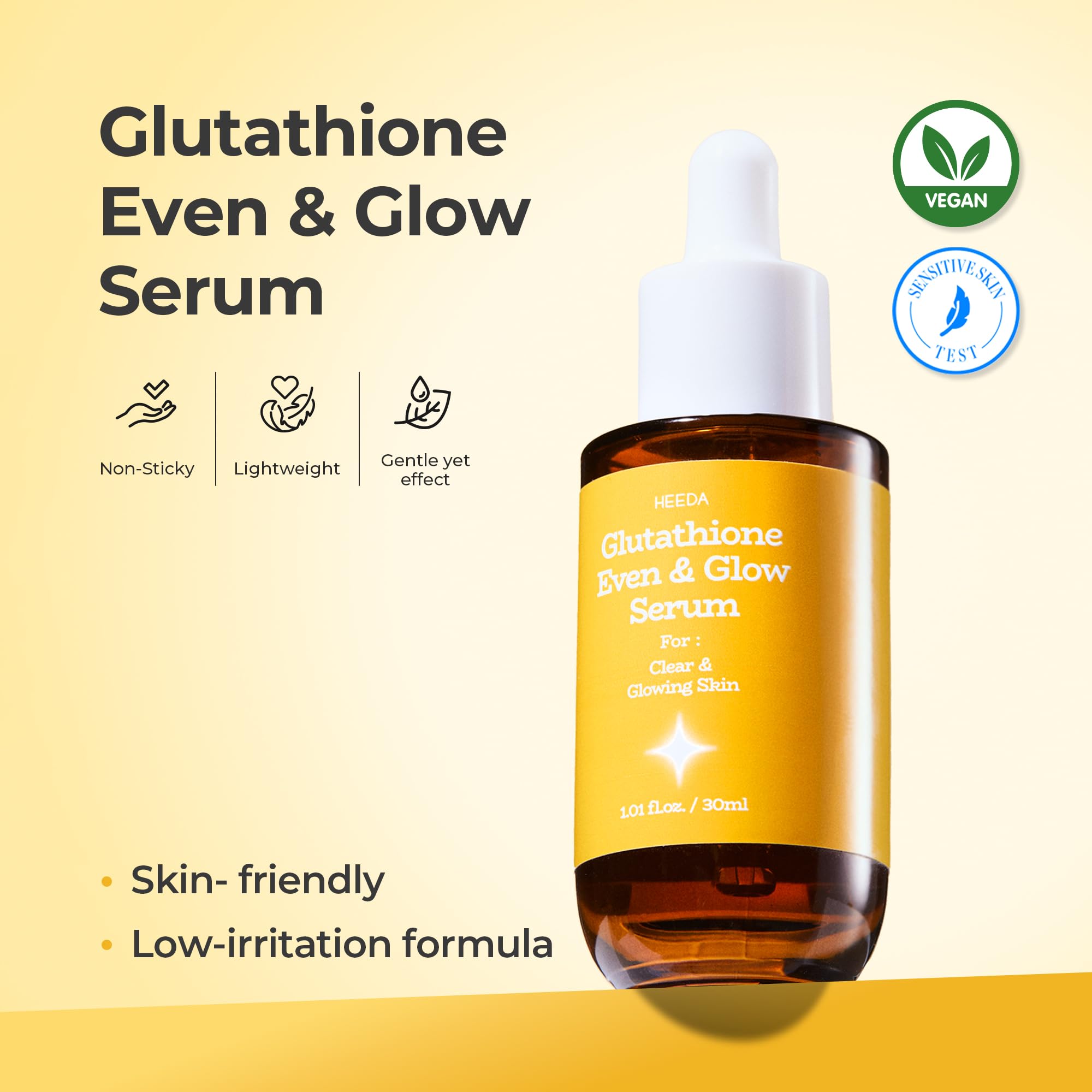HEEDA Glutathione serum texture application shows fast-absorbing formula for smooth, comfortable skin.