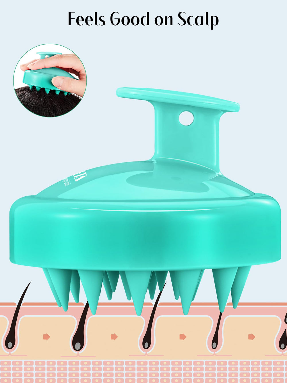 HEETA scalp brush in shower demonstrating wet use for even product distribution