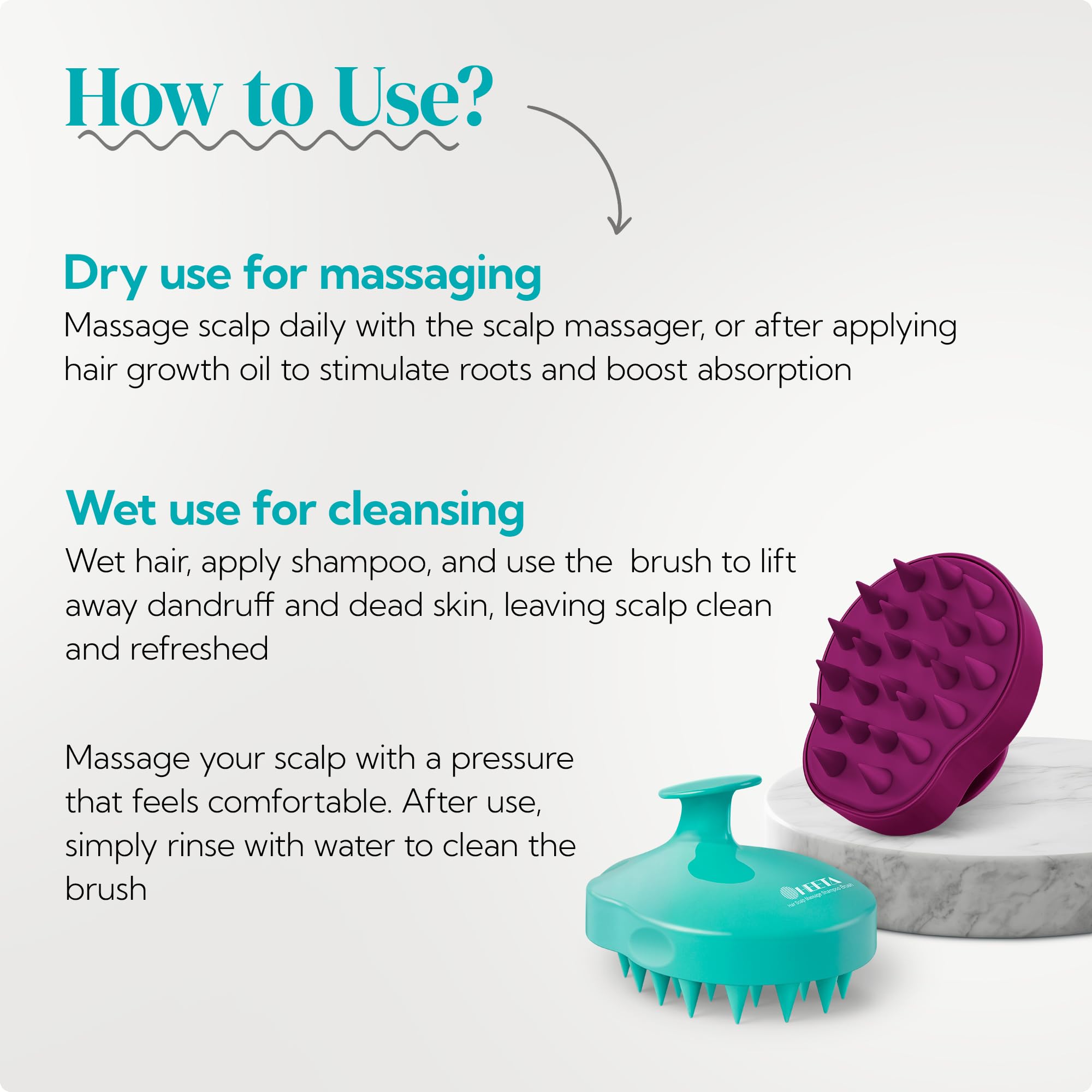 HEETA scalp massager relieves itching and promotes a relaxing shower routine.
