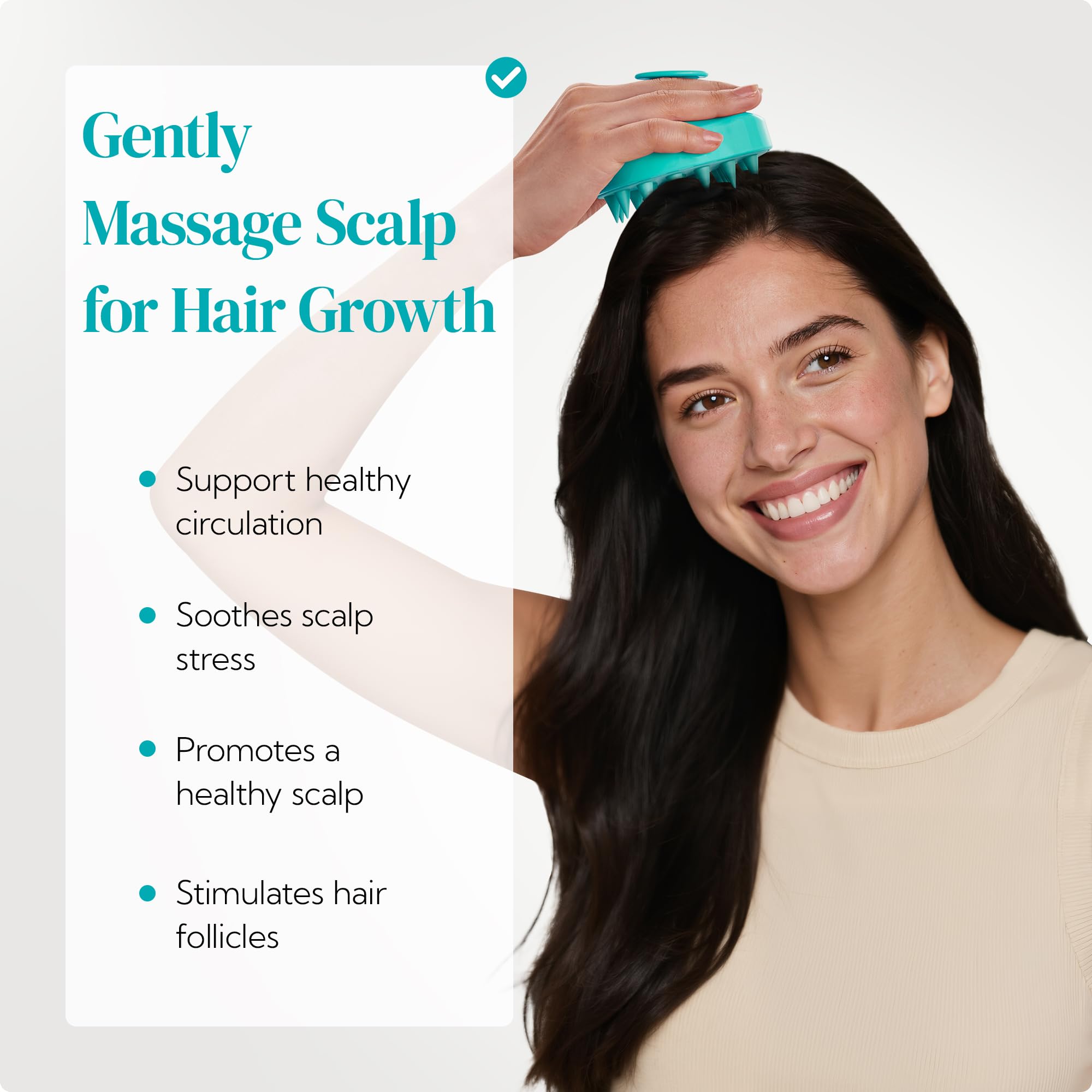 HEETA hair scalp massager close-up shows soft silicone bristles for gentle cleansing.
