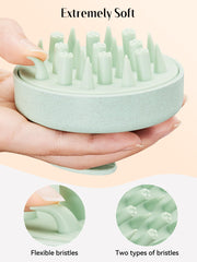 HEETA scalp massager features soft silicone bristles for comfortable scalp exfoliation