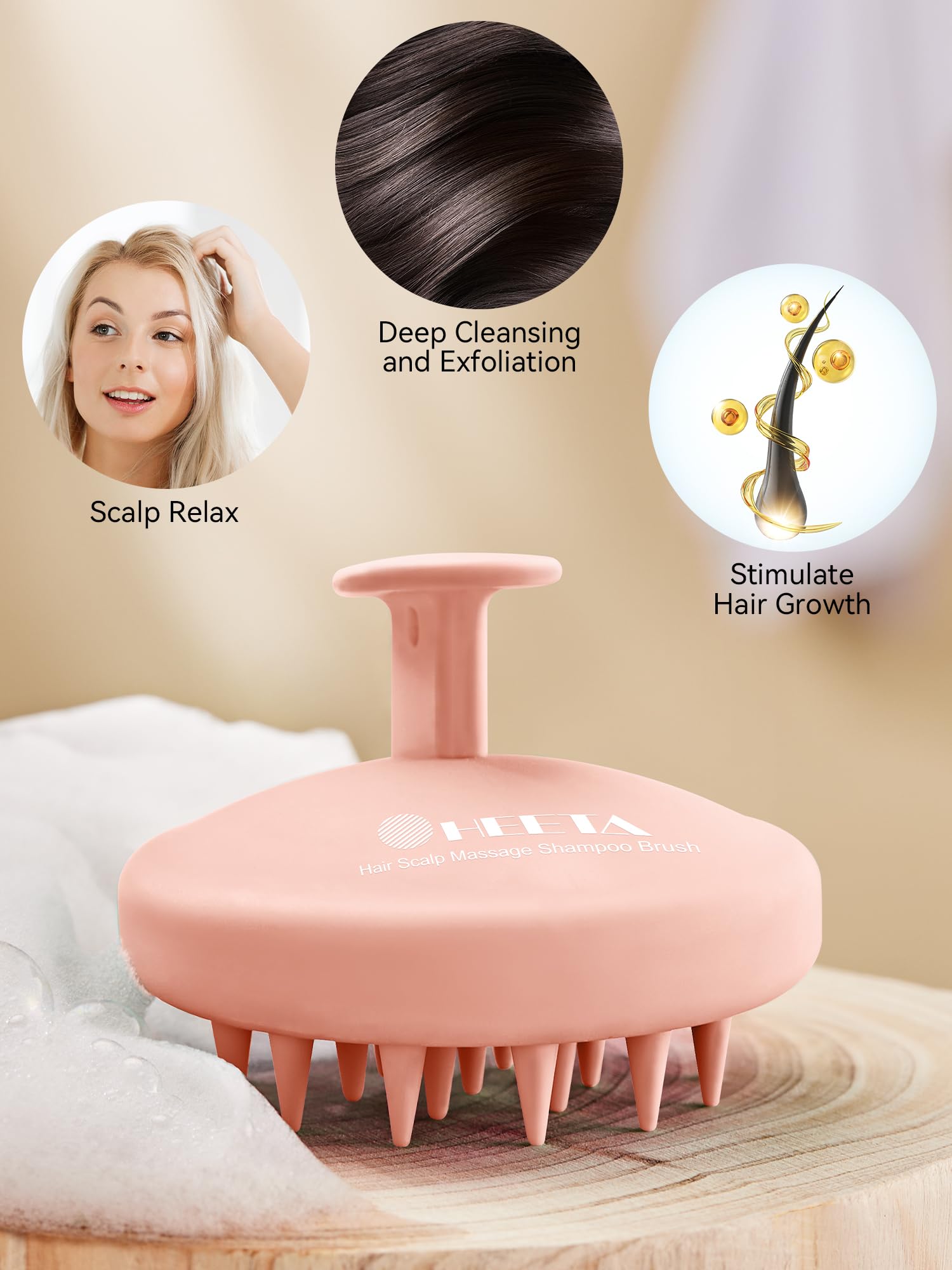 HEETA light pink massager ready for daily scalp care in hand.