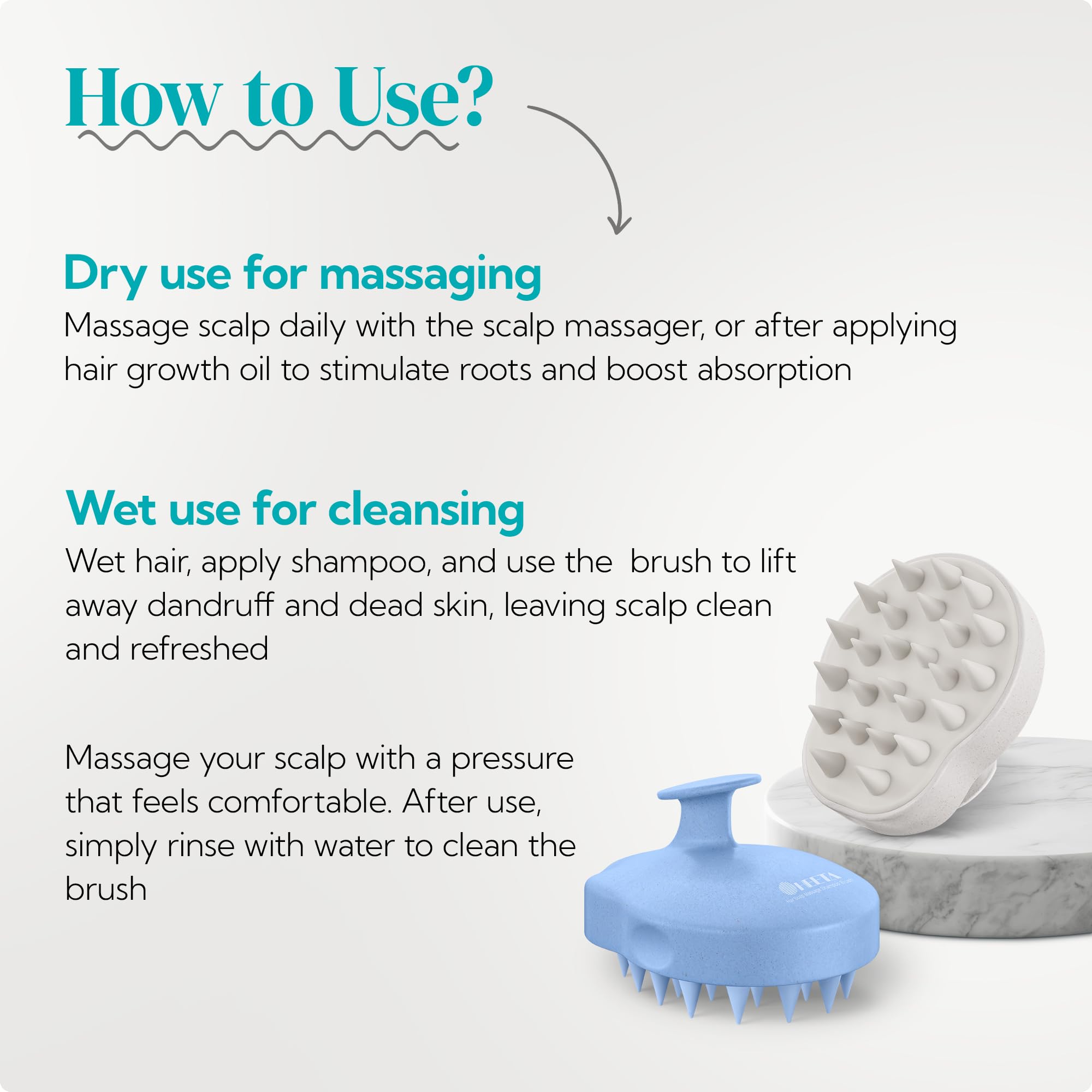 HEETA scalp massager distributes shampoo evenly for thorough nourishment across strands.
