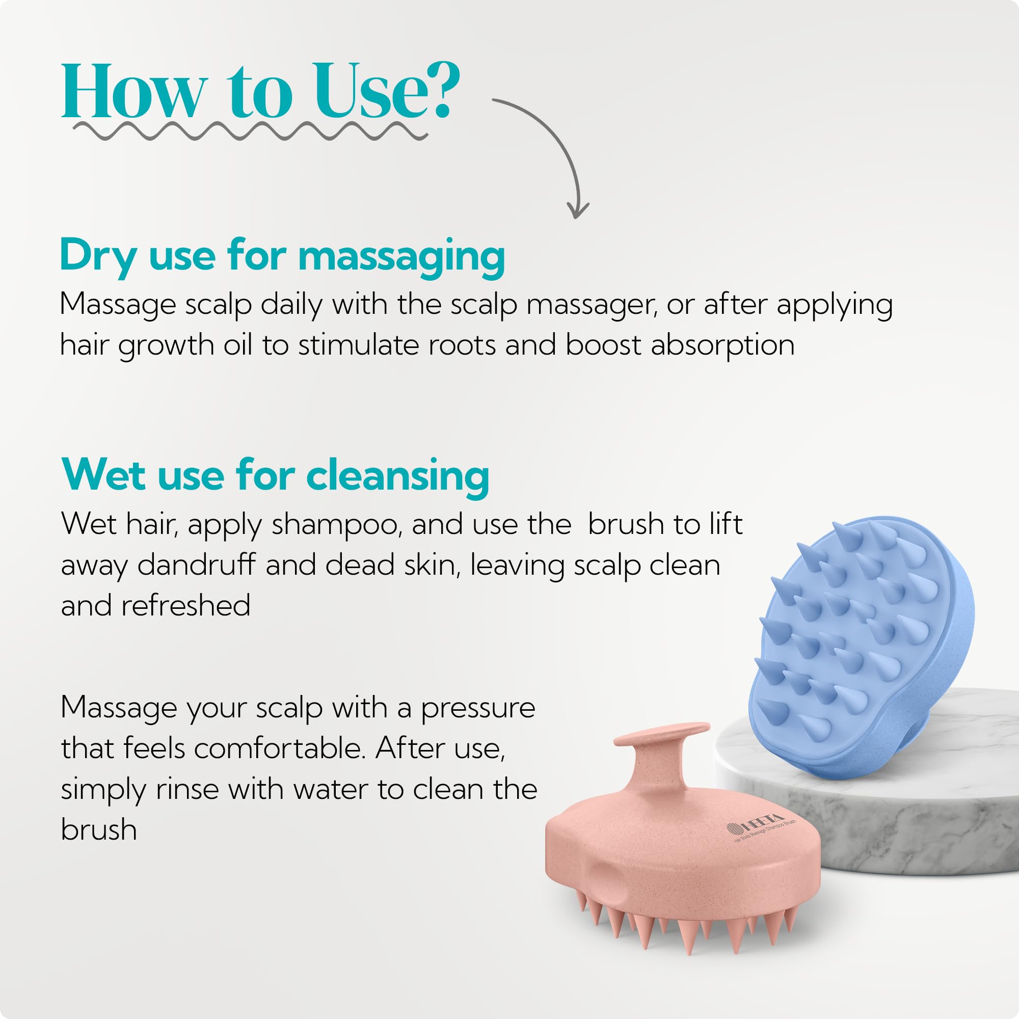 HEETA wet-use shot demonstrates easy scalp massage during washing.