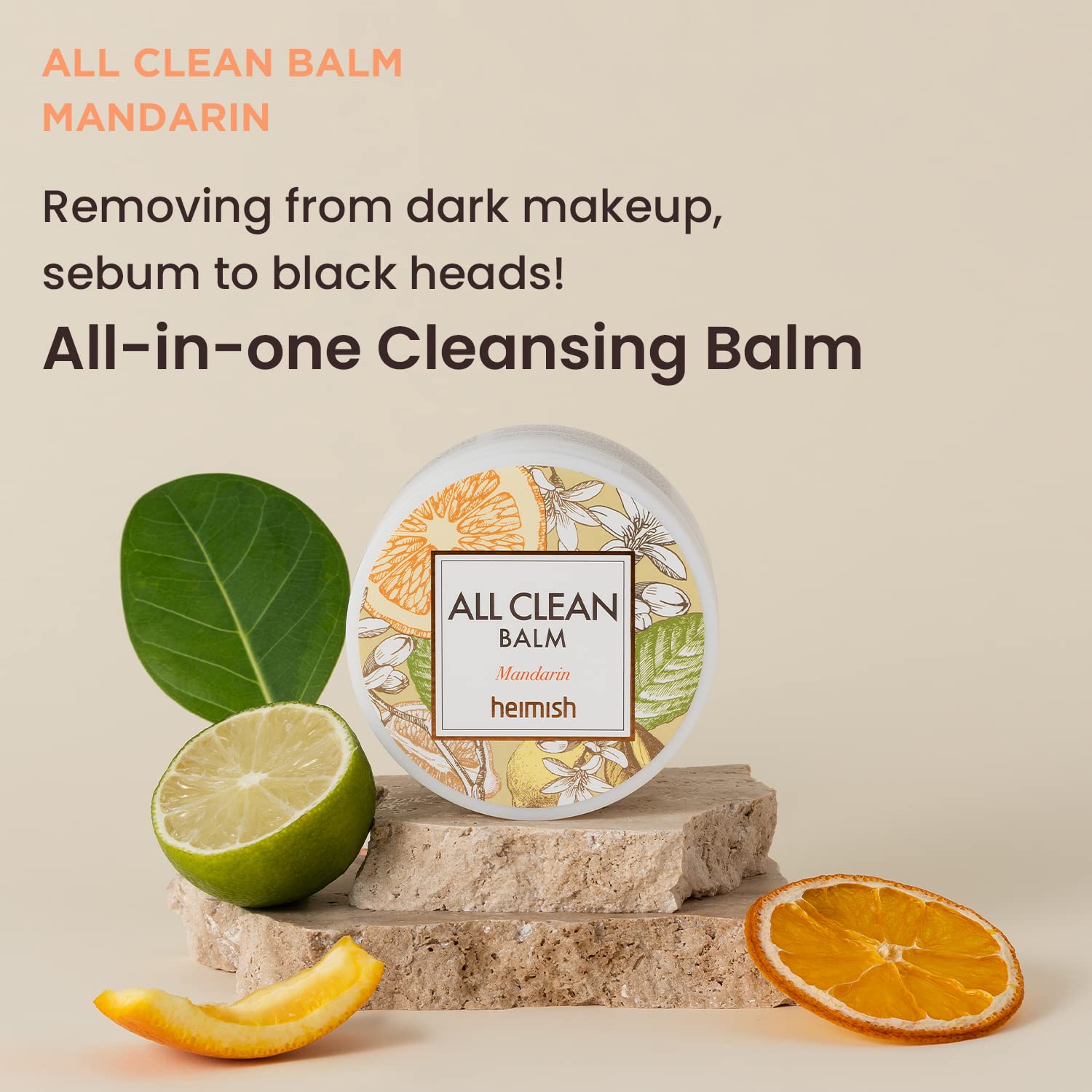 HEIMISH All Clean Balm Mandarin jar reveals rich texture preparing for cleansing.